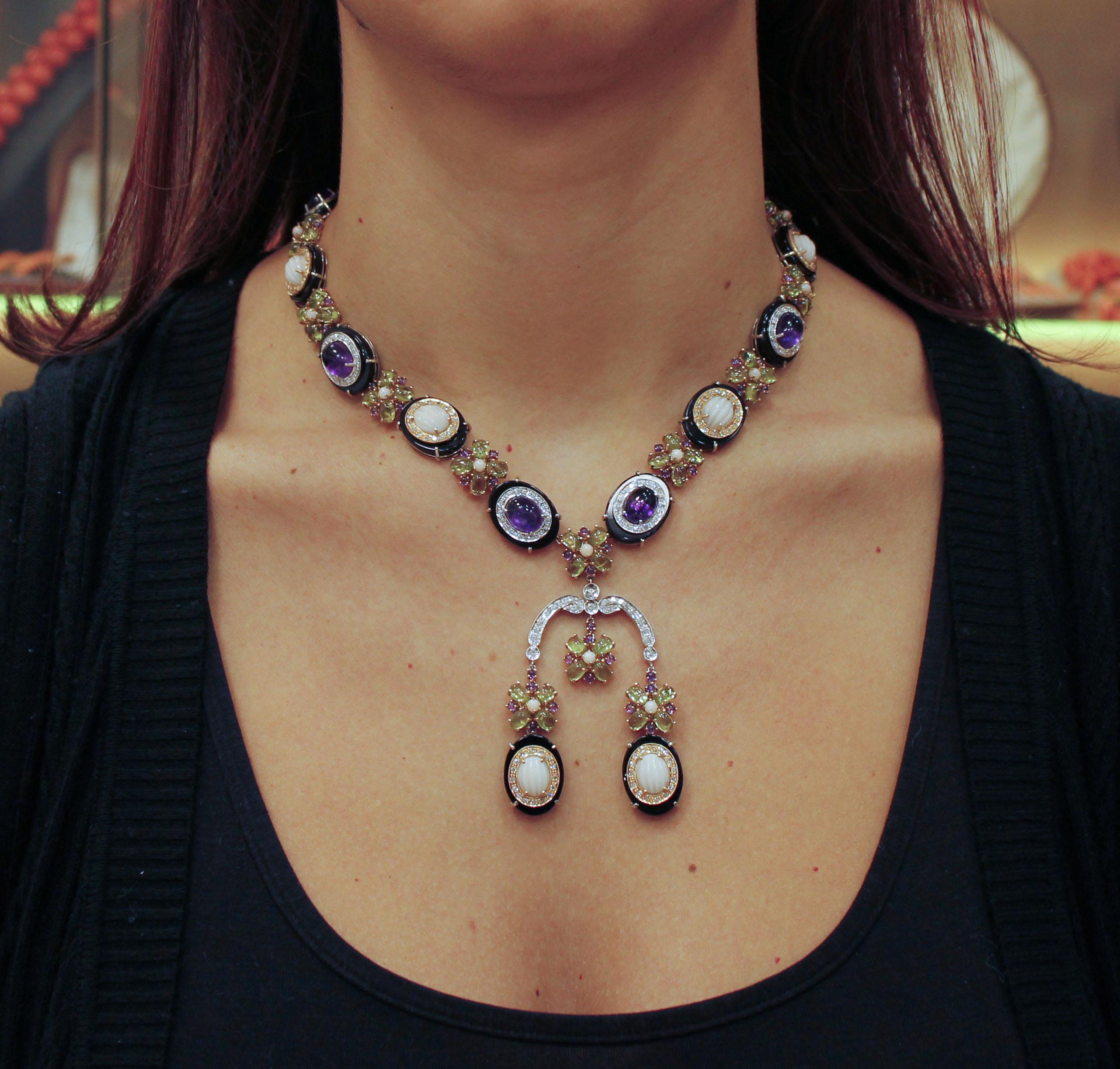 Women's Diamonds, Peridots, Amethysts, Pink Corals, Onyx, White/Rose Gold Necklce For Sale