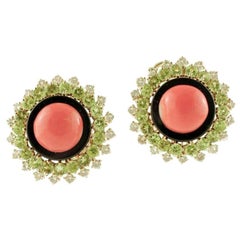 Vintage Diamonds, Peridots, Onyx, Coral, 14 Karat Rose Gold Clip-On Retrò Earrings