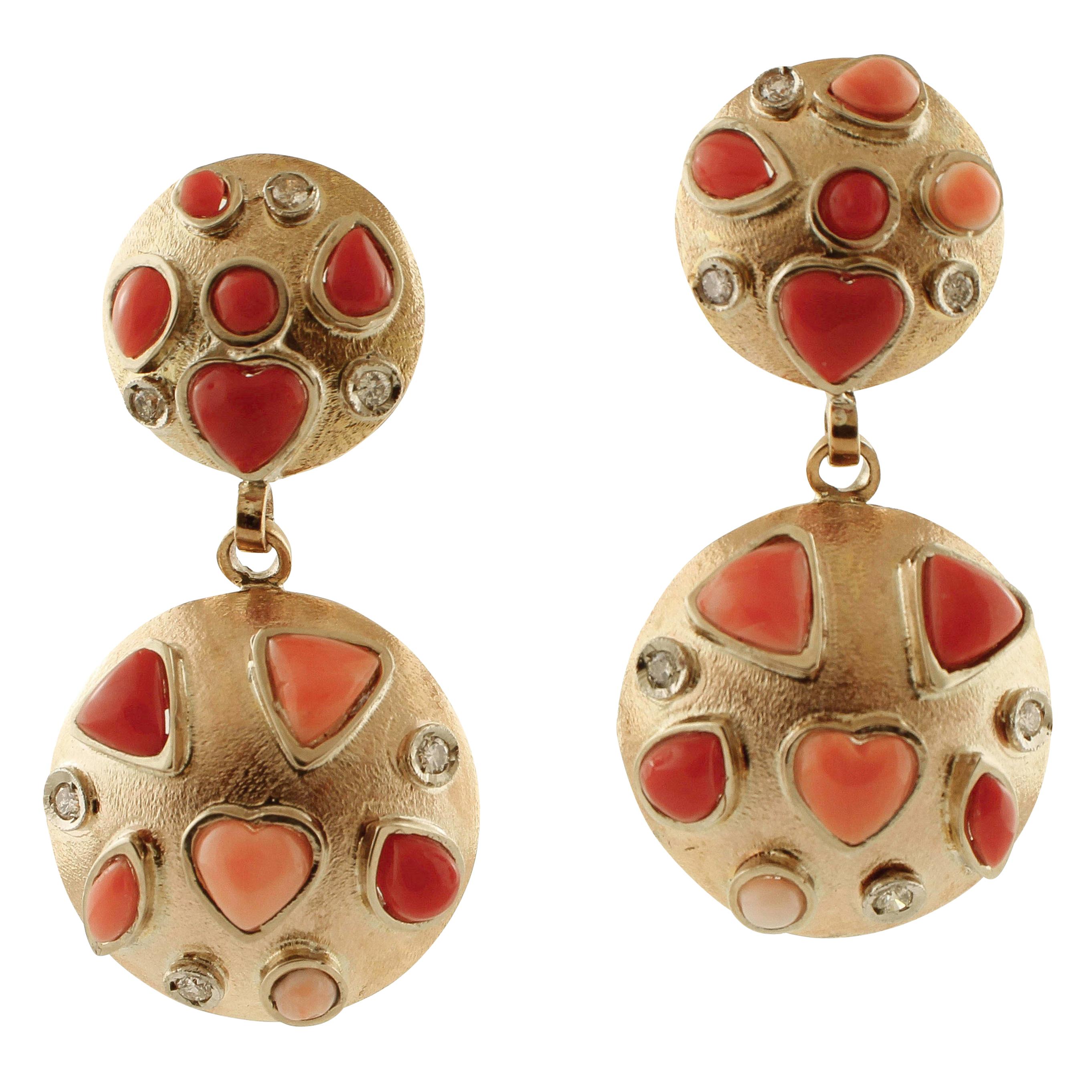 Boucles d'oreilles en or rose 14 carats, diamants et corail rose et rouge