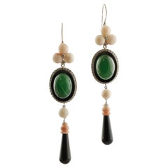 Diamonds, Pink Coral, Green Agate, Onyx, 14K White Gold Dangle Earrings