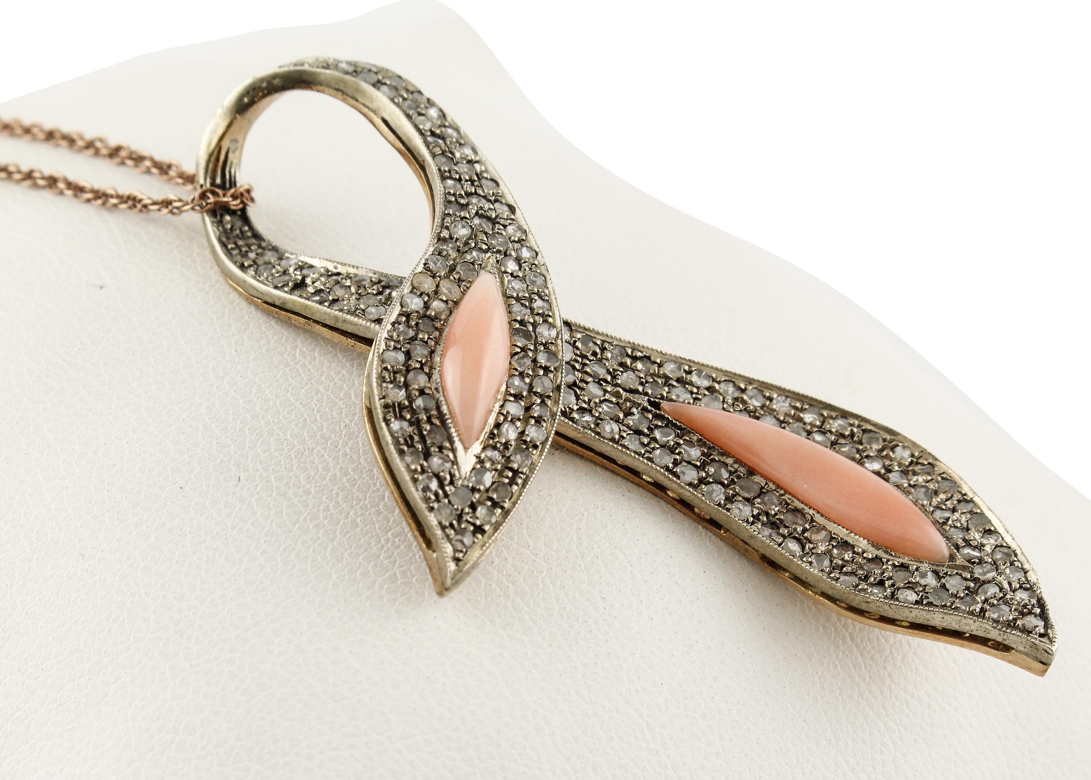 Retro Diamonds, Pink Coral, Rose Gold and Silver Bow Shape Pendant Necklace