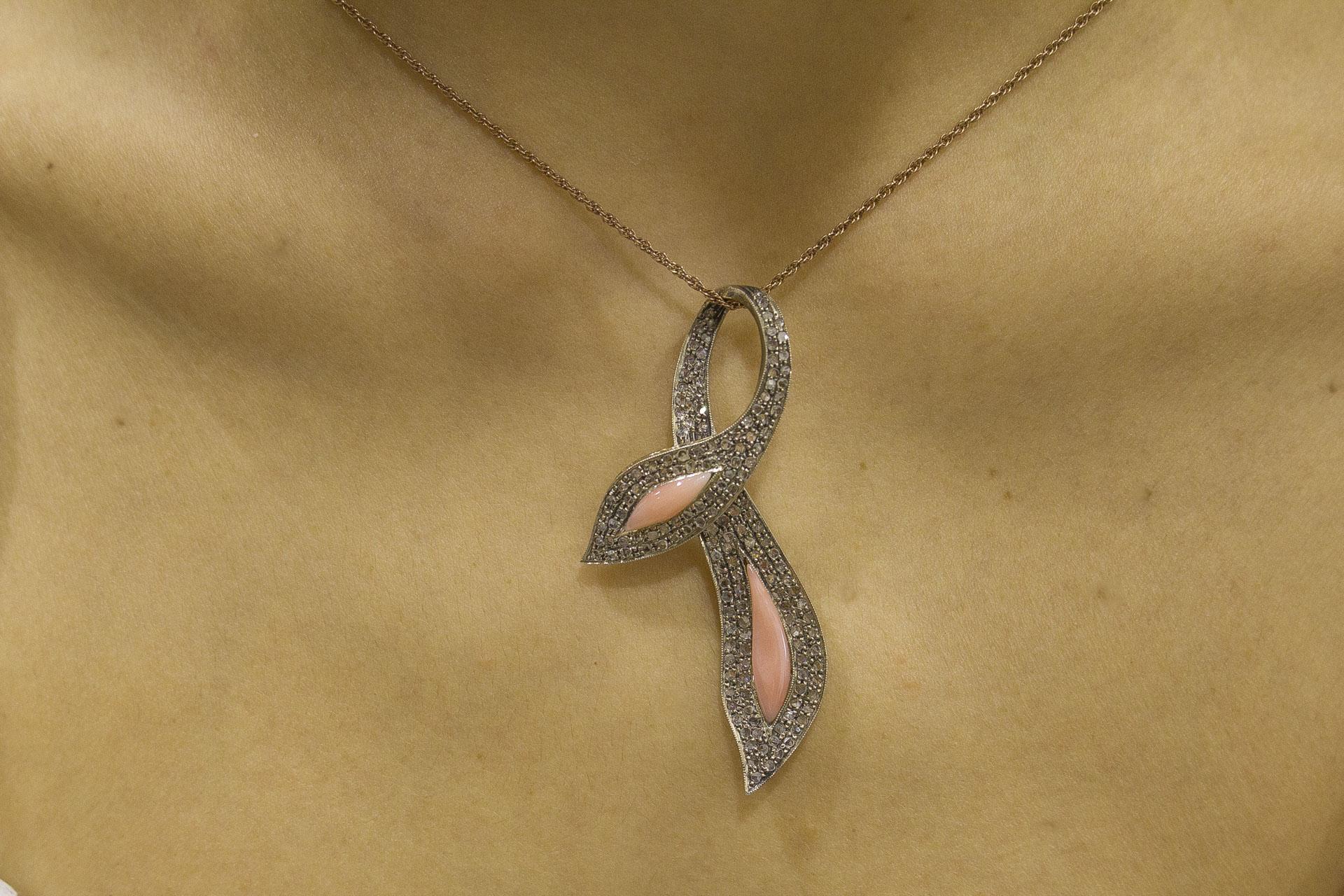 Women's Diamonds, Pink Coral, Rose Gold and Silver Bow Shape Pendant Necklace