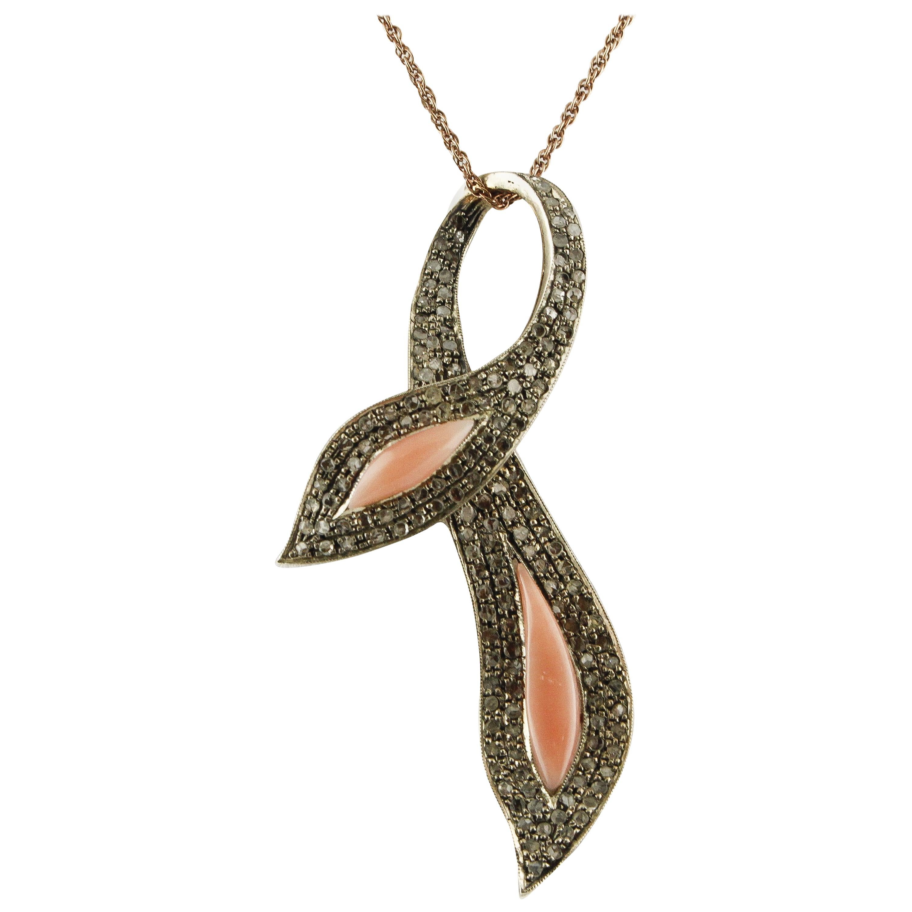 Diamonds, Pink Coral, Rose Gold and Silver Bow Shape Pendant Necklace