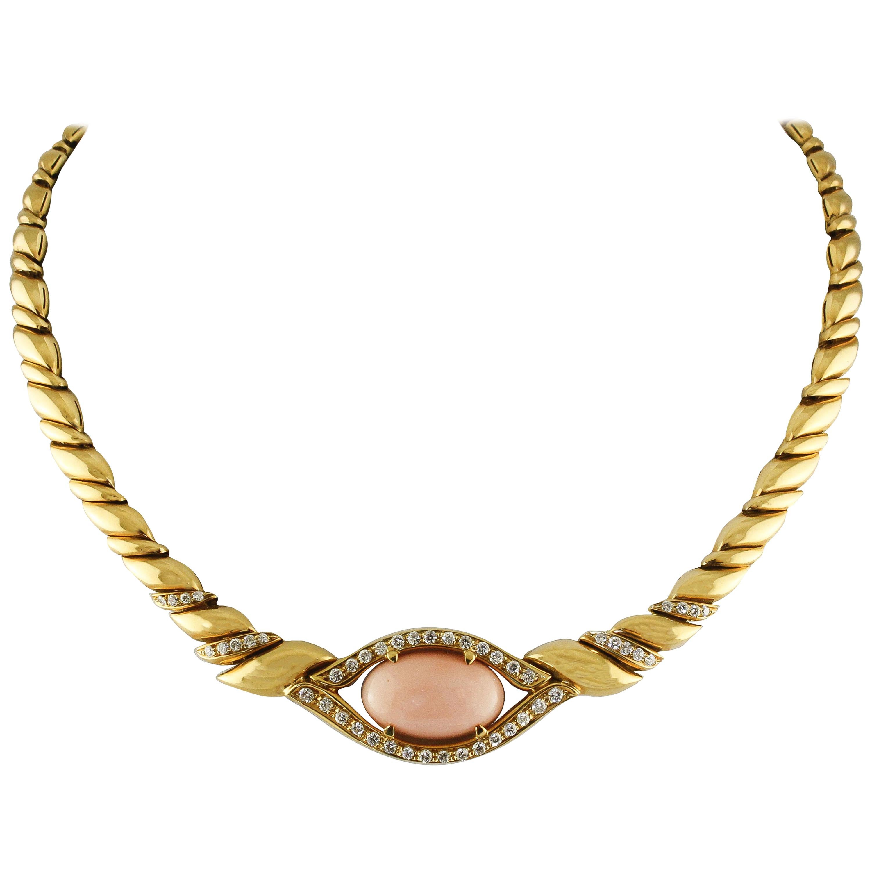 White Diamonds, Pink Oval Shape Coral, 18K Yellow Gold Chain Necklace