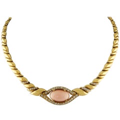 White Diamonds, Pink Oval Shape Coral, 18K Yellow Gold Chain Necklace