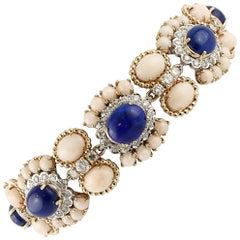 Diamonds,  Pink Corals, Lapis, 14 Karat White Gold Link Bracelet