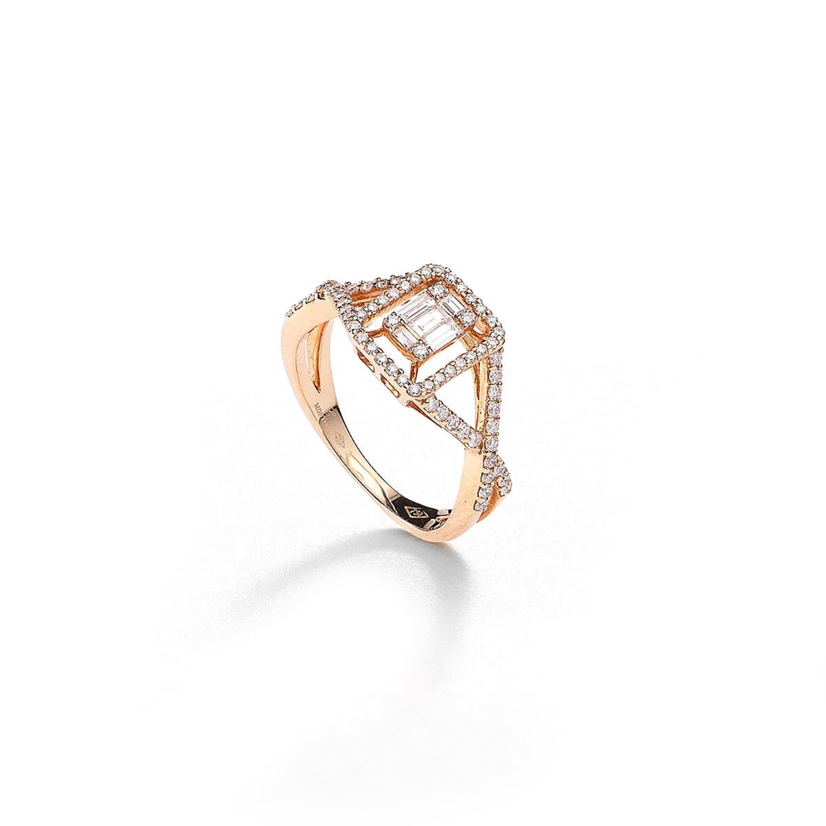 Ring in 18kt pink gold set with 5 baguette cut diamonds 0.15 cts and 68 diamonds 0.39 cts Size 54  