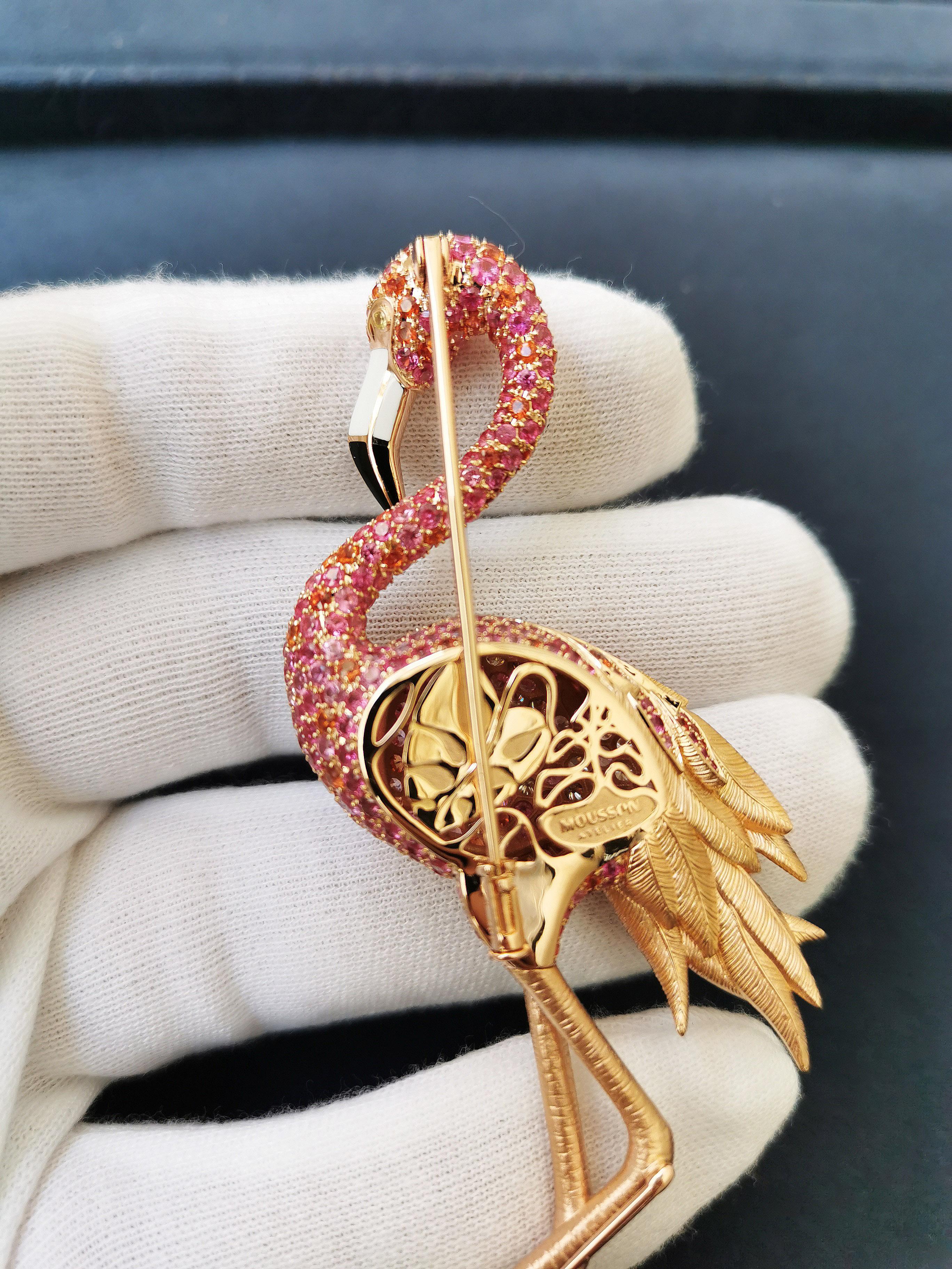 Round Cut Diamonds Pink Orange Sapphires Enamel 18 Karat Rose Gold Flamingo Brooch For Sale