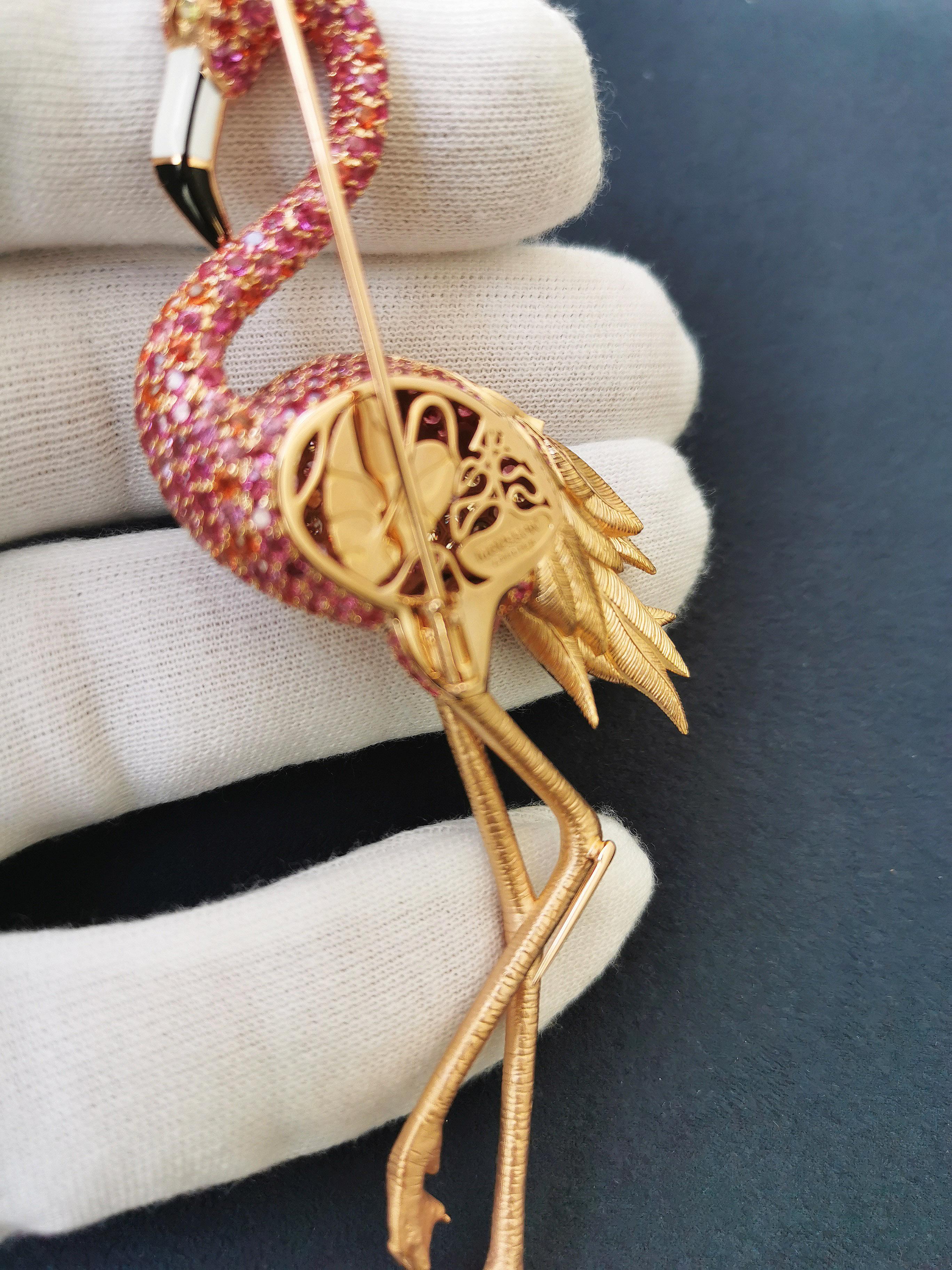 Women's Diamonds Pink Orange Sapphires Enamel 18 Karat Rose Gold Flamingo Brooch