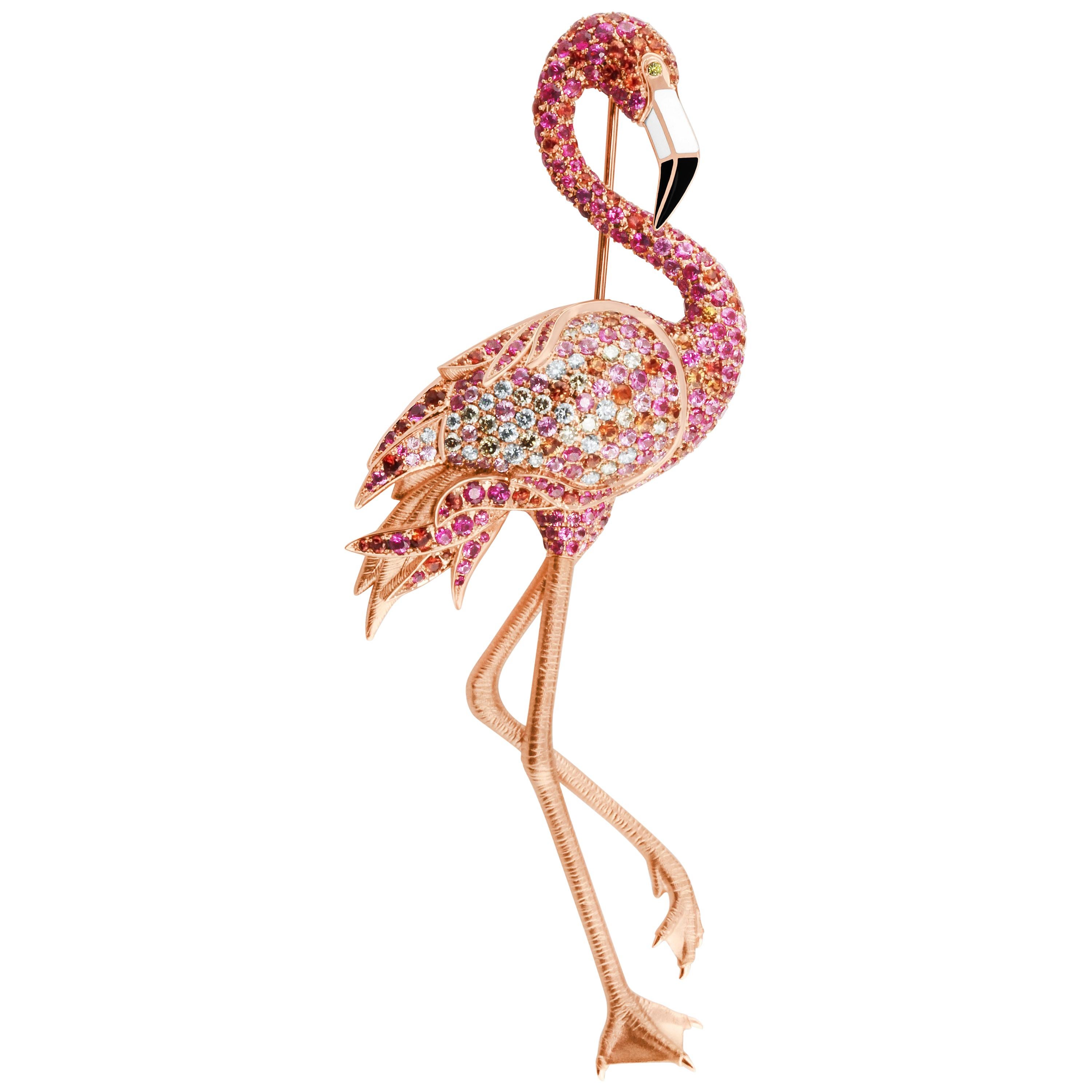 Diamonds Pink Orange Sapphires Enamel 18 Karat Rose Gold Flamingo Brooch