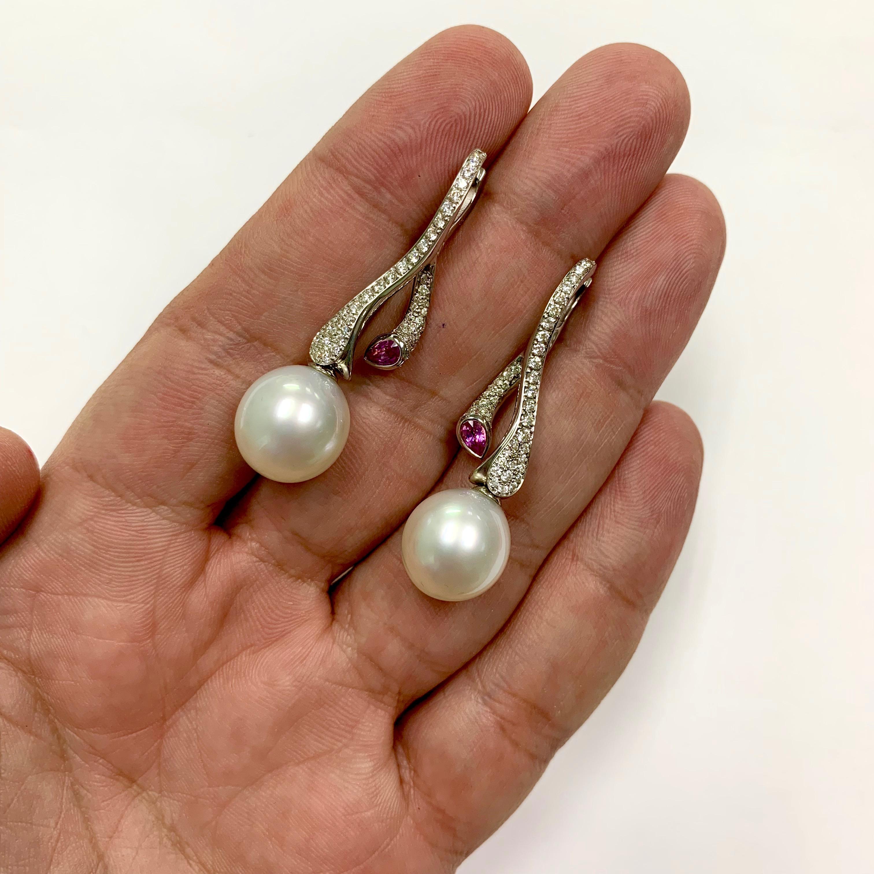 Contemporary Diamonds Pink Sapphire South Sea Pearl 18 Karat White Gold Earrings For Sale