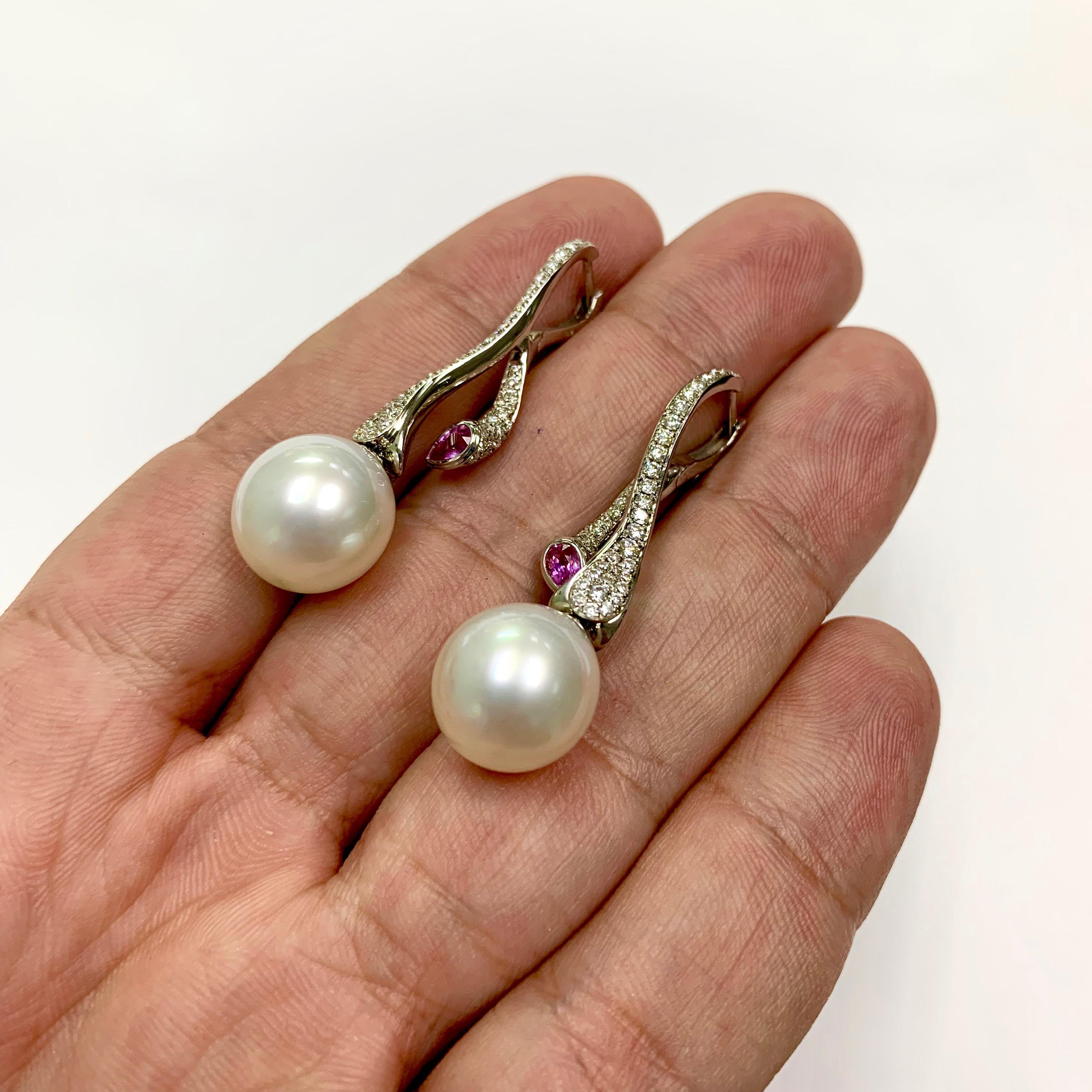 Pear Cut Diamonds Pink Sapphire South Sea Pearl 18 Karat White Gold Earrings For Sale