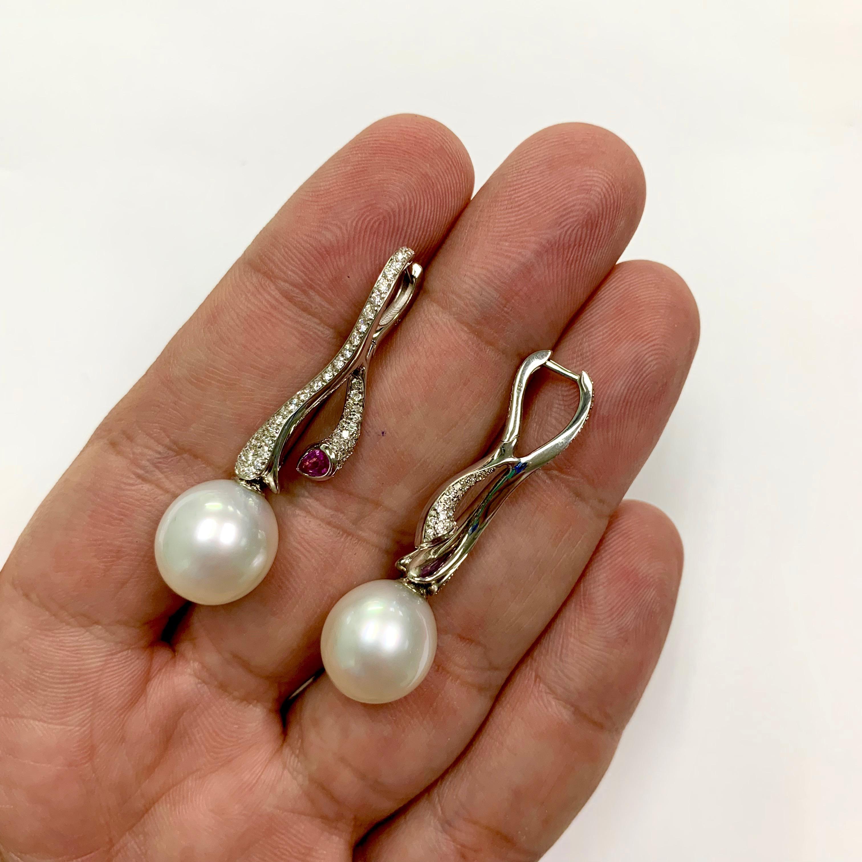 Diamonds Pink Sapphire South Sea Pearl 18 Karat White Gold Earrings In New Condition For Sale In Bangkok, TH
