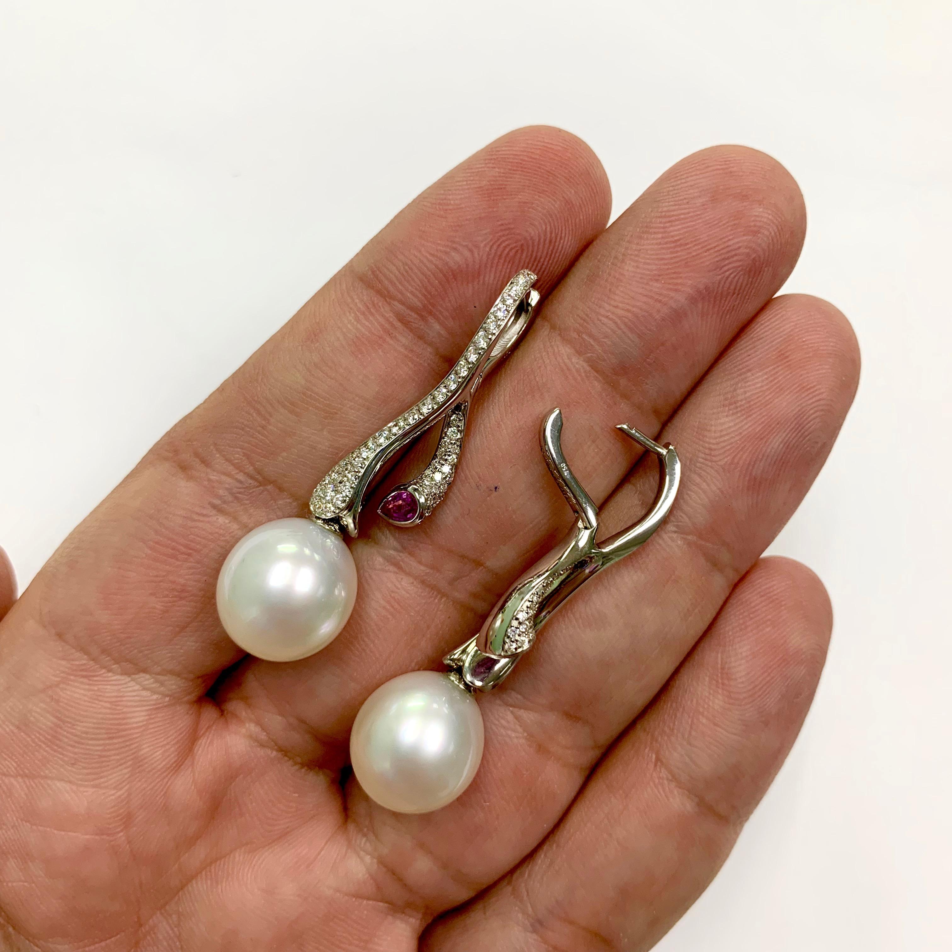 Women's Diamonds Pink Sapphire South Sea Pearl 18 Karat White Gold Earrings For Sale