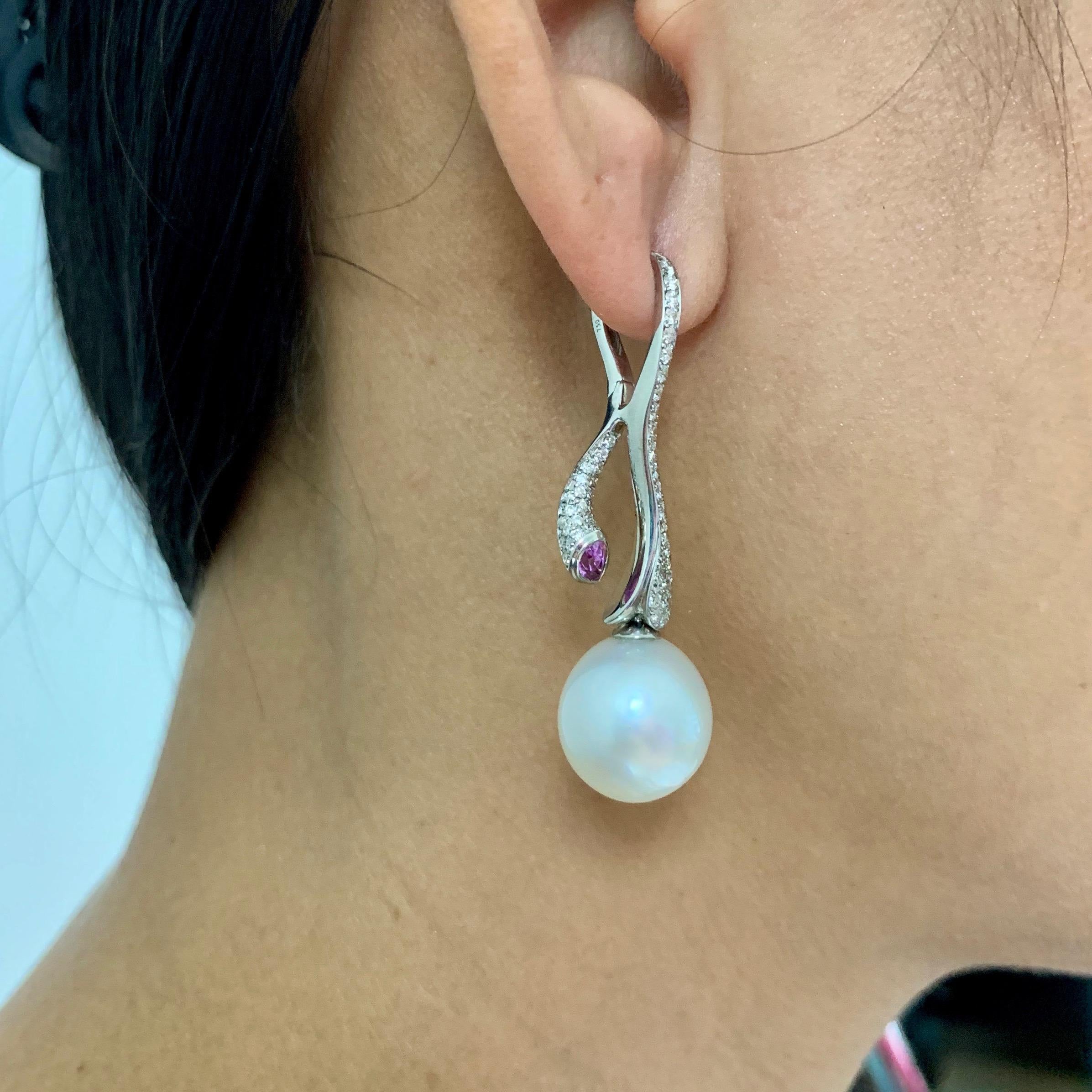 Diamonds Pink Sapphire South Sea Pearl 18 Karat White Gold Earrings For Sale 2