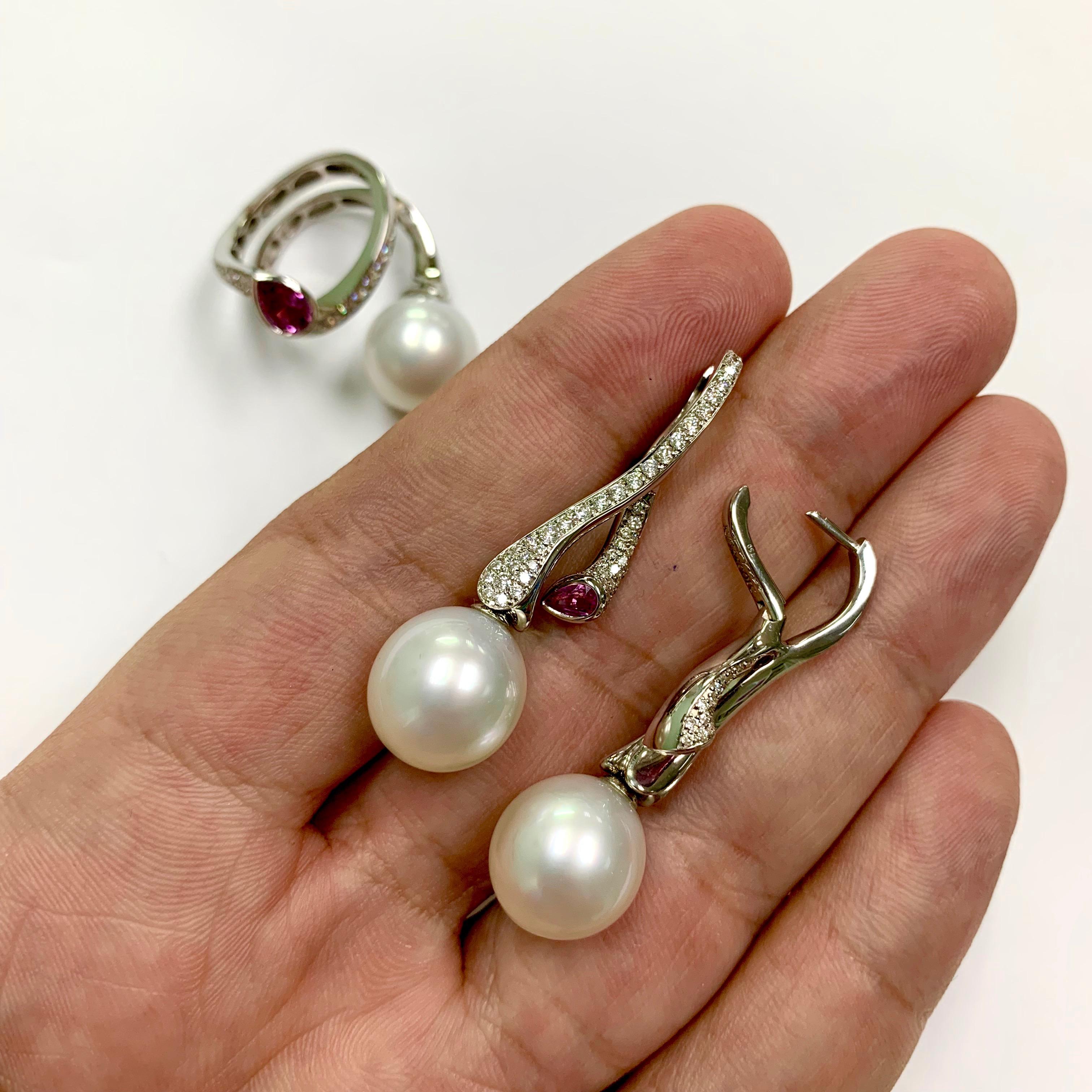 Diamonds Pink Sapphire South Sea Pearl 18 Karat White Gold Earrings For Sale 3