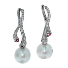 Diamonds Pink Sapphire South Sea Pearl 18 Karat White Gold Earrings