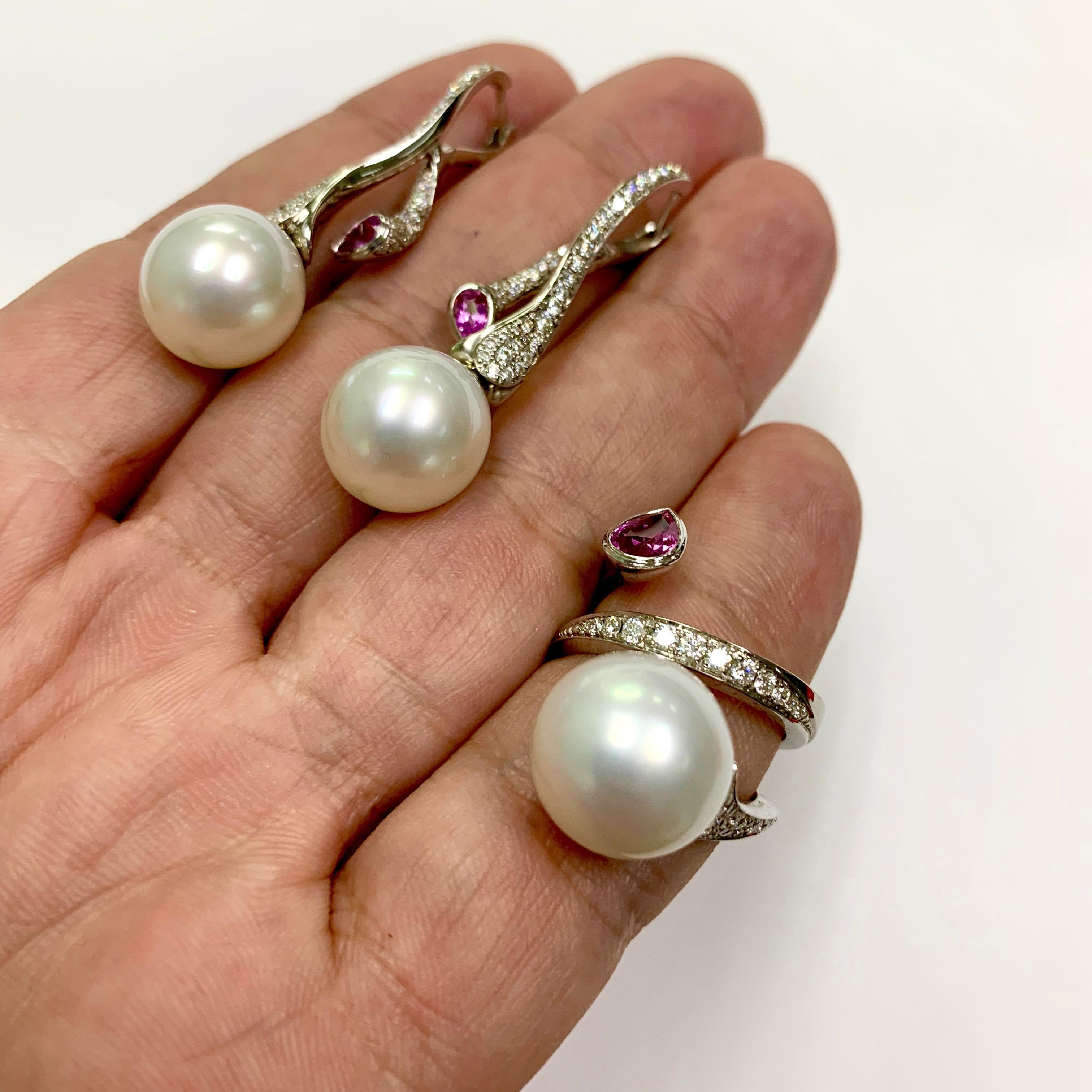 Contemporary Diamonds Pink Sapphire South Sea Pearl 18 Karat White Gold Ring Earrings Suite