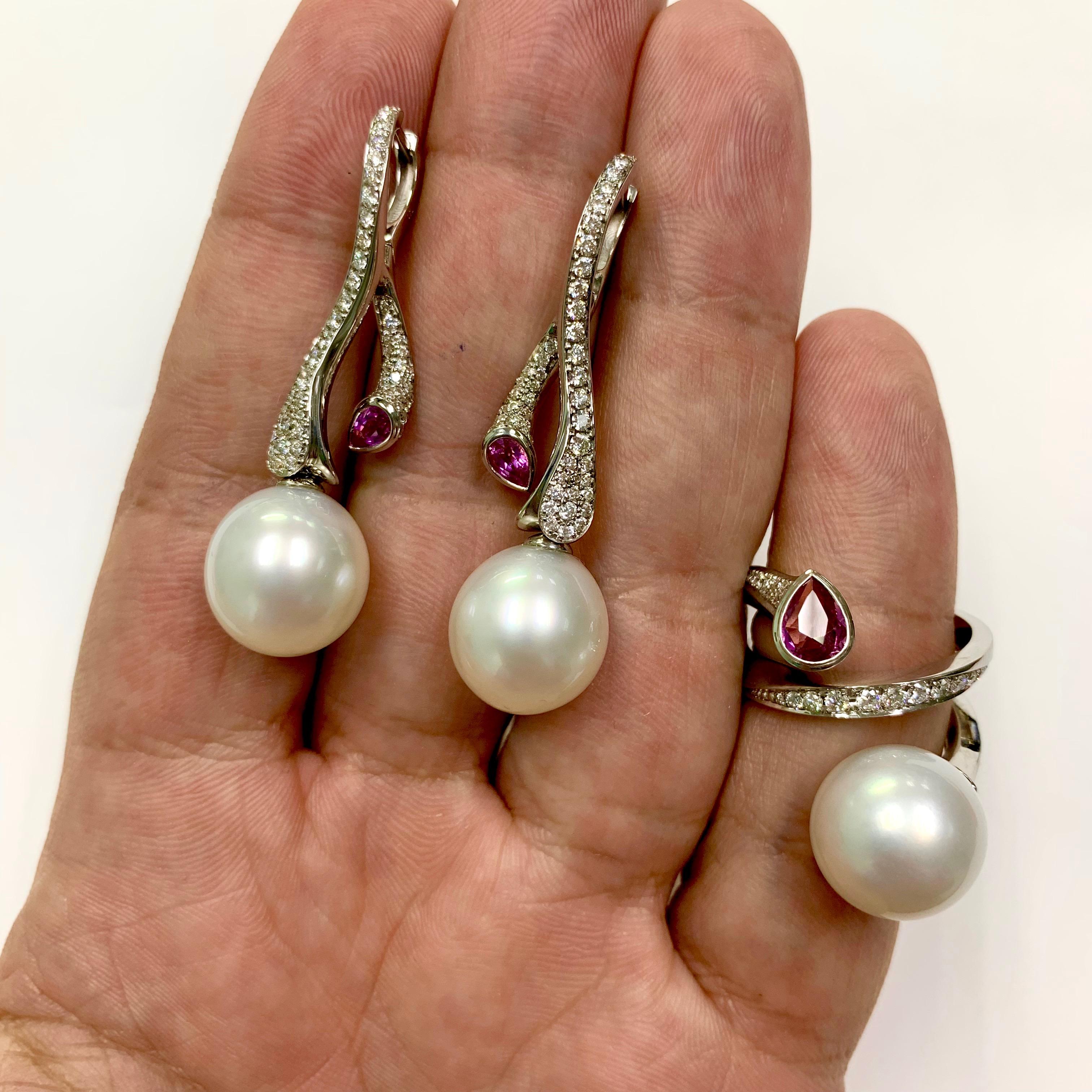 Pear Cut Diamonds Pink Sapphire South Sea Pearl 18 Karat White Gold Ring Earrings Suite For Sale