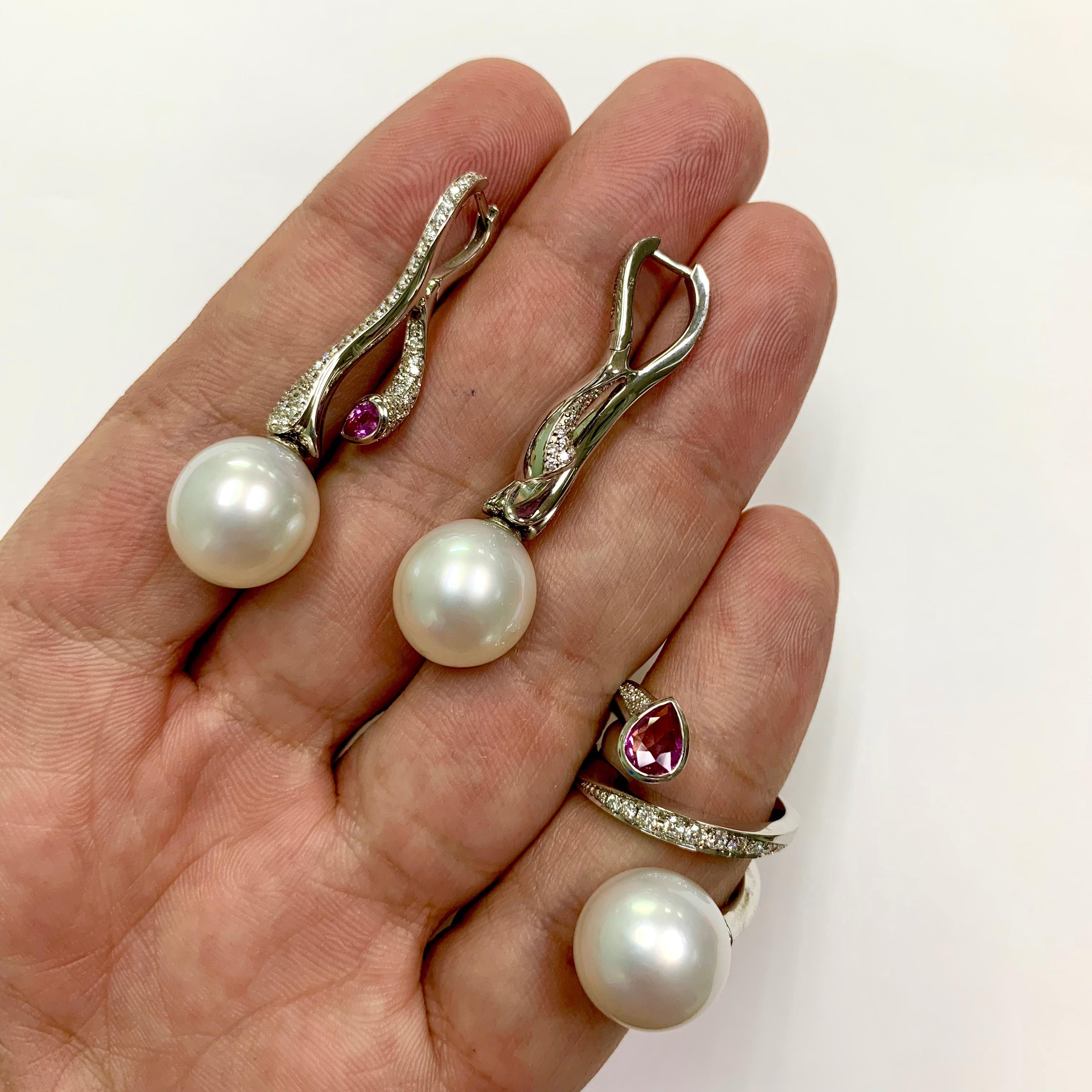 Women's Diamonds Pink Sapphire South Sea Pearl 18 Karat White Gold Ring Earrings Suite