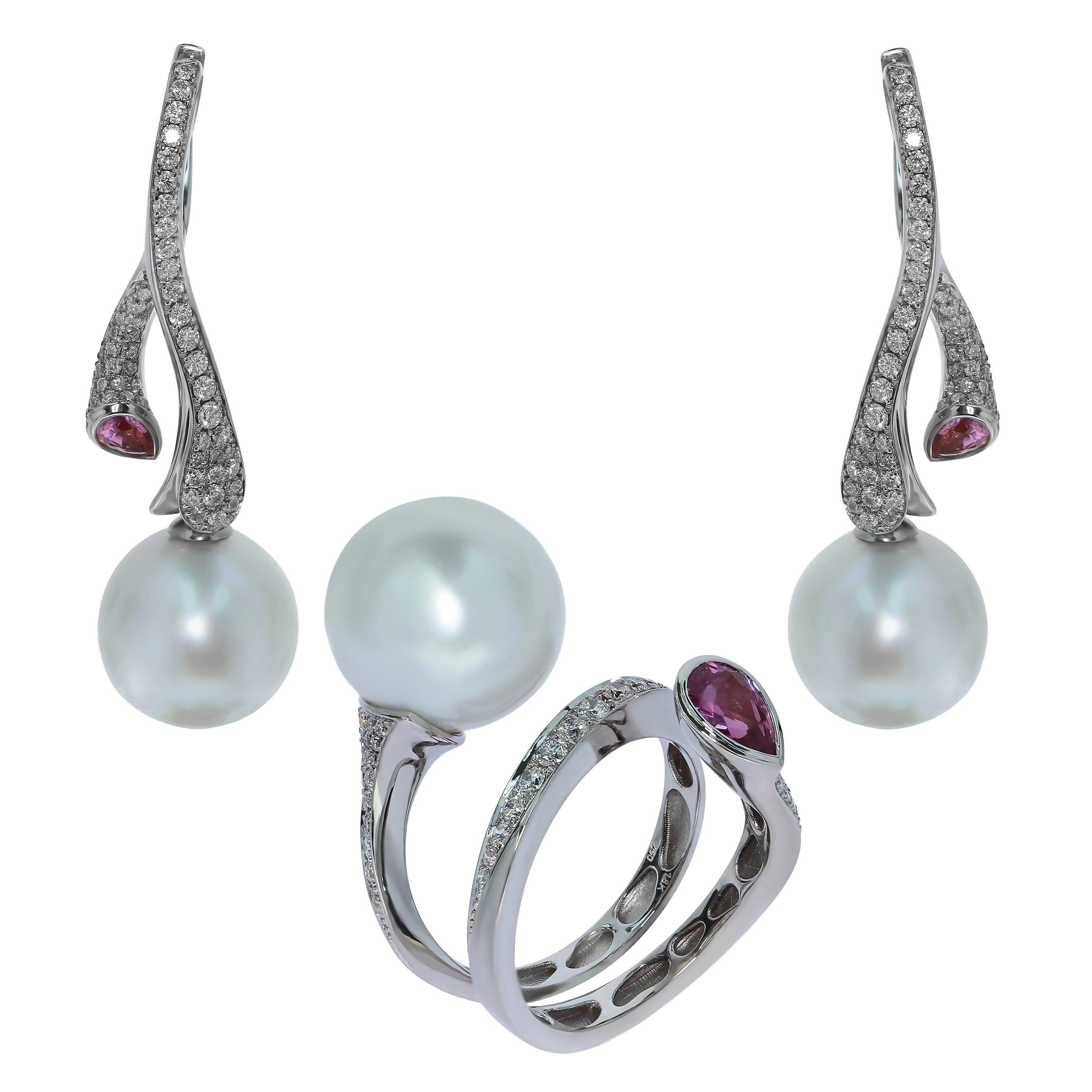 Diamonds Pink Sapphire South Sea Pearl 18 Karat White Gold Ring Earrings Suite For Sale
