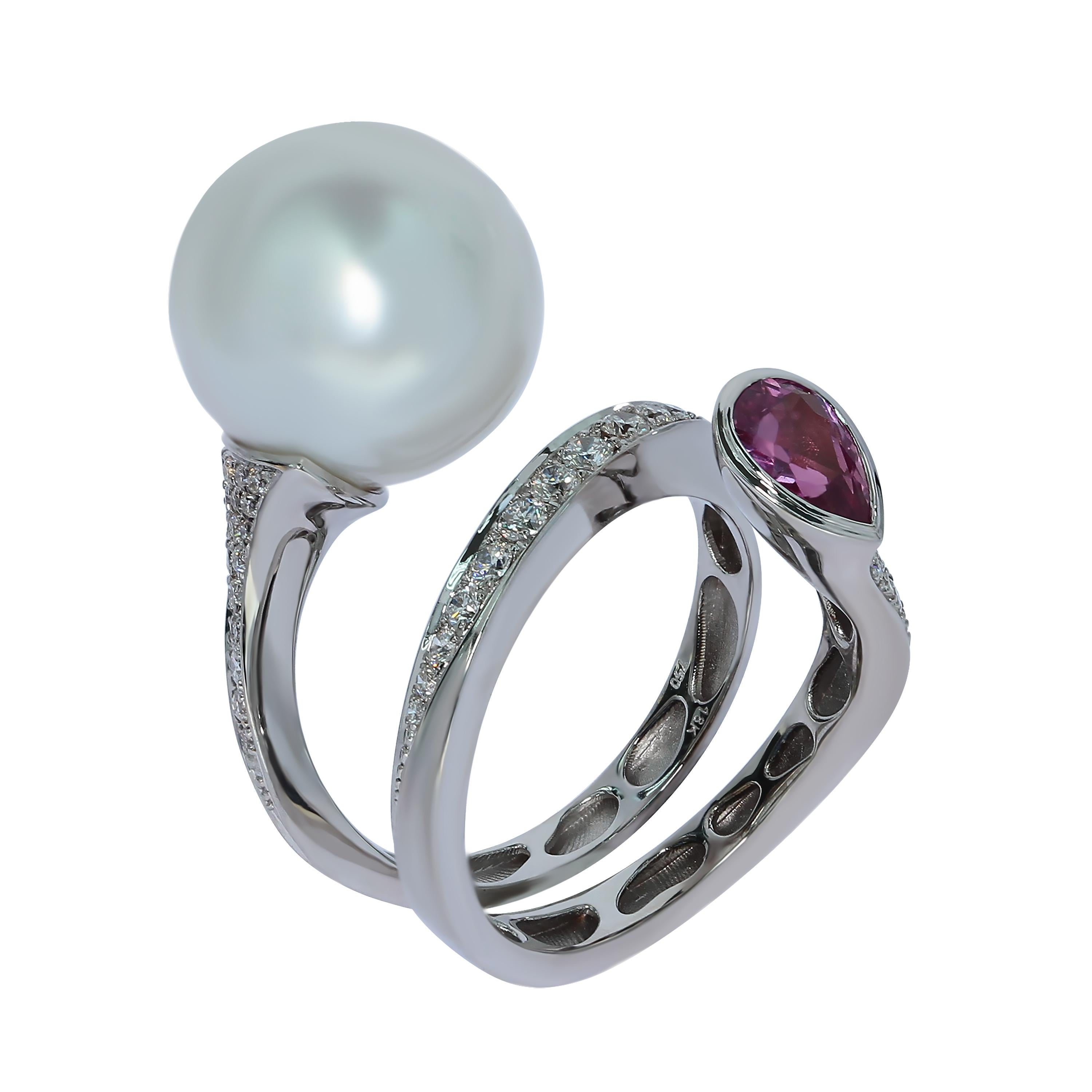 Contemporary Diamonds Pink Sapphire South Sea Pearl 18 Karat White Gold Ring For Sale