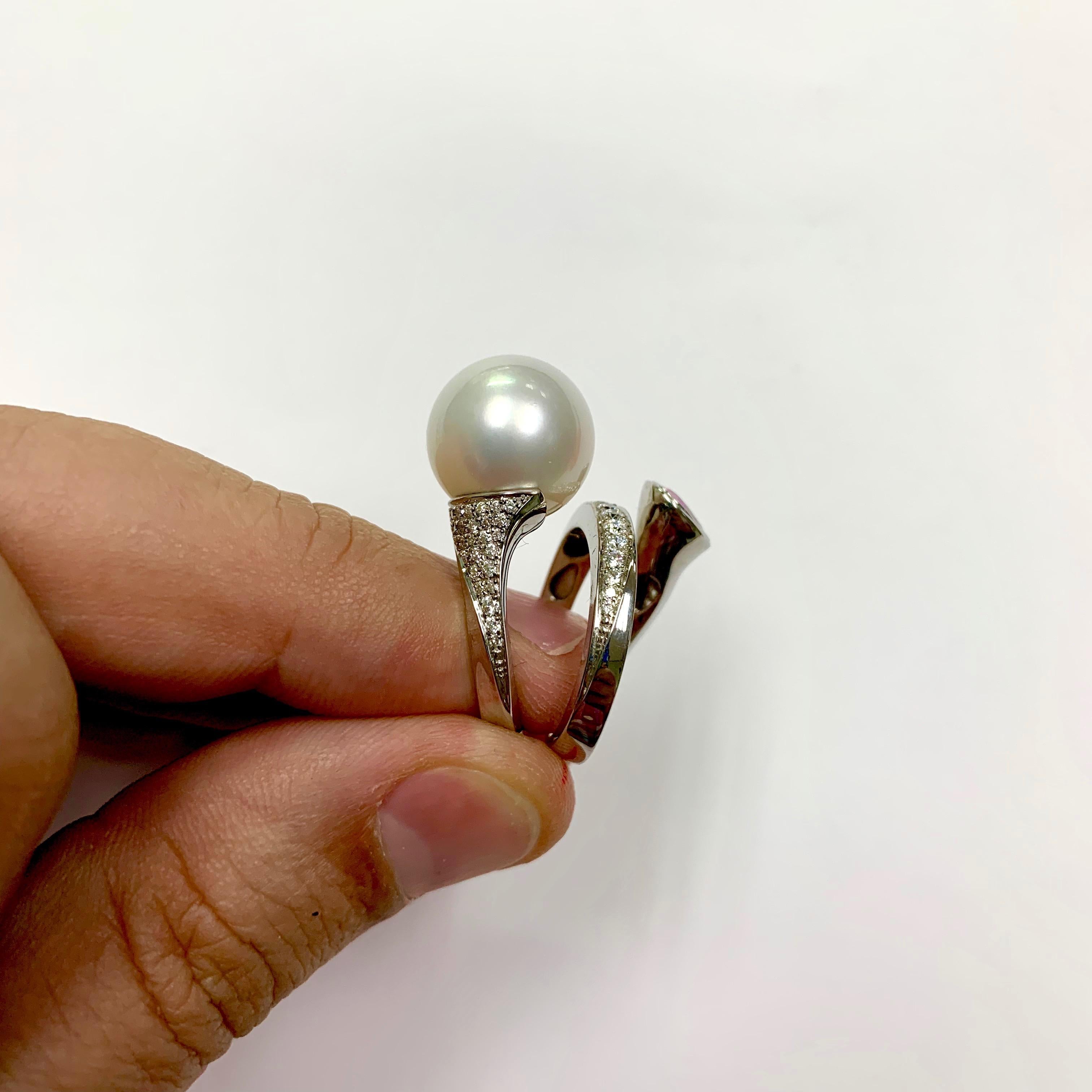 Women's Diamonds Pink Sapphire South Sea Pearl 18 Karat White Gold Ring For Sale