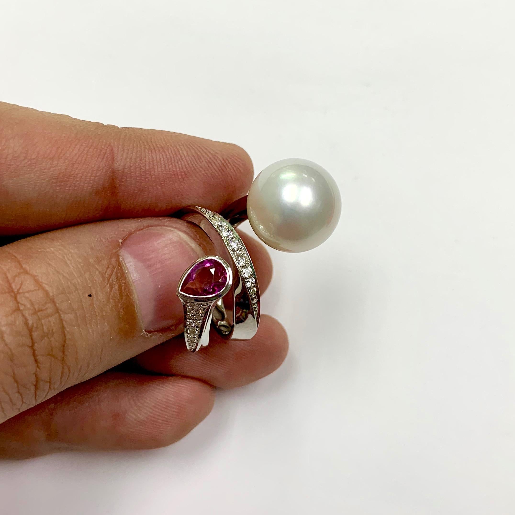 Diamonds Pink Sapphire South Sea Pearl 18 Karat White Gold Ring For Sale 2