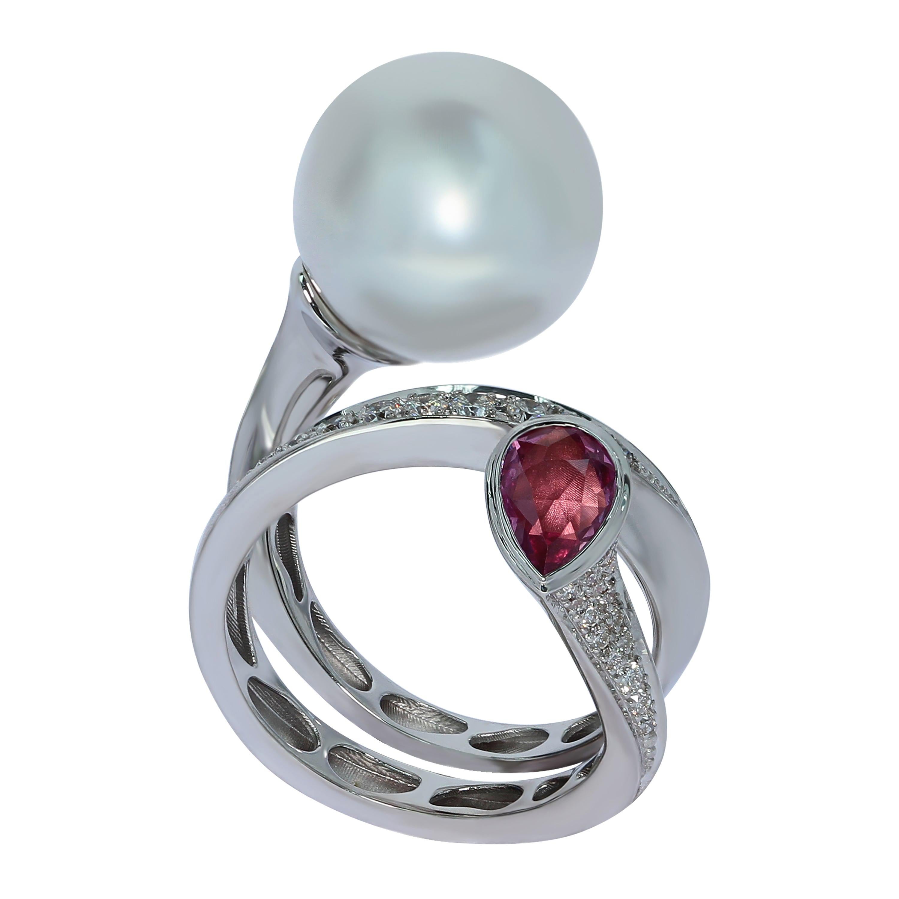 Diamonds Pink Sapphire South Sea Pearl 18 Karat White Gold Ring For Sale