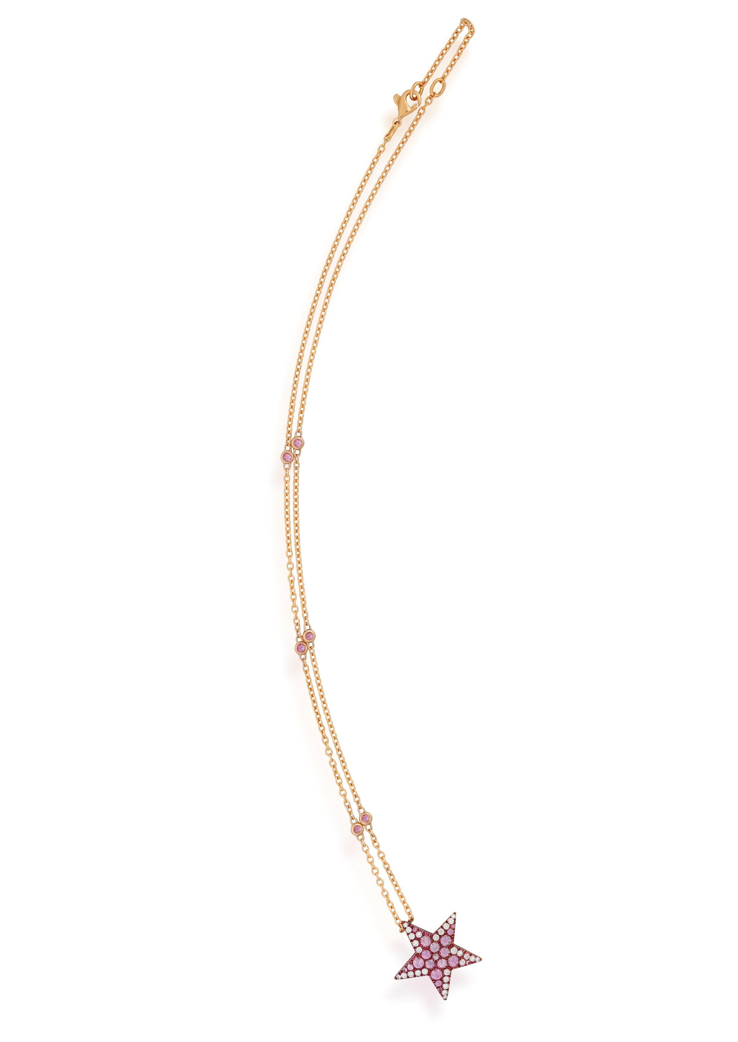 Round Cut Diamonds Pink Sapphires 18 Kt Rose Gold Titanium Star Necklace For Sale