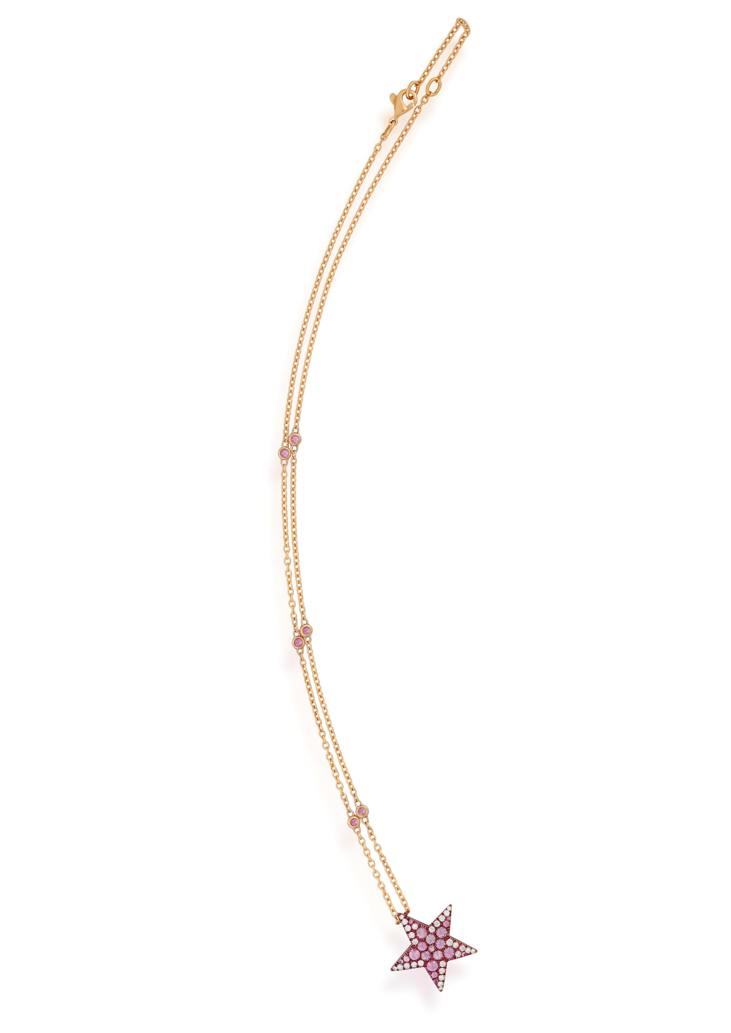 Round Cut Diamonds Pink Sapphires 18 Kt Rose Gold Titanium Star Necklace