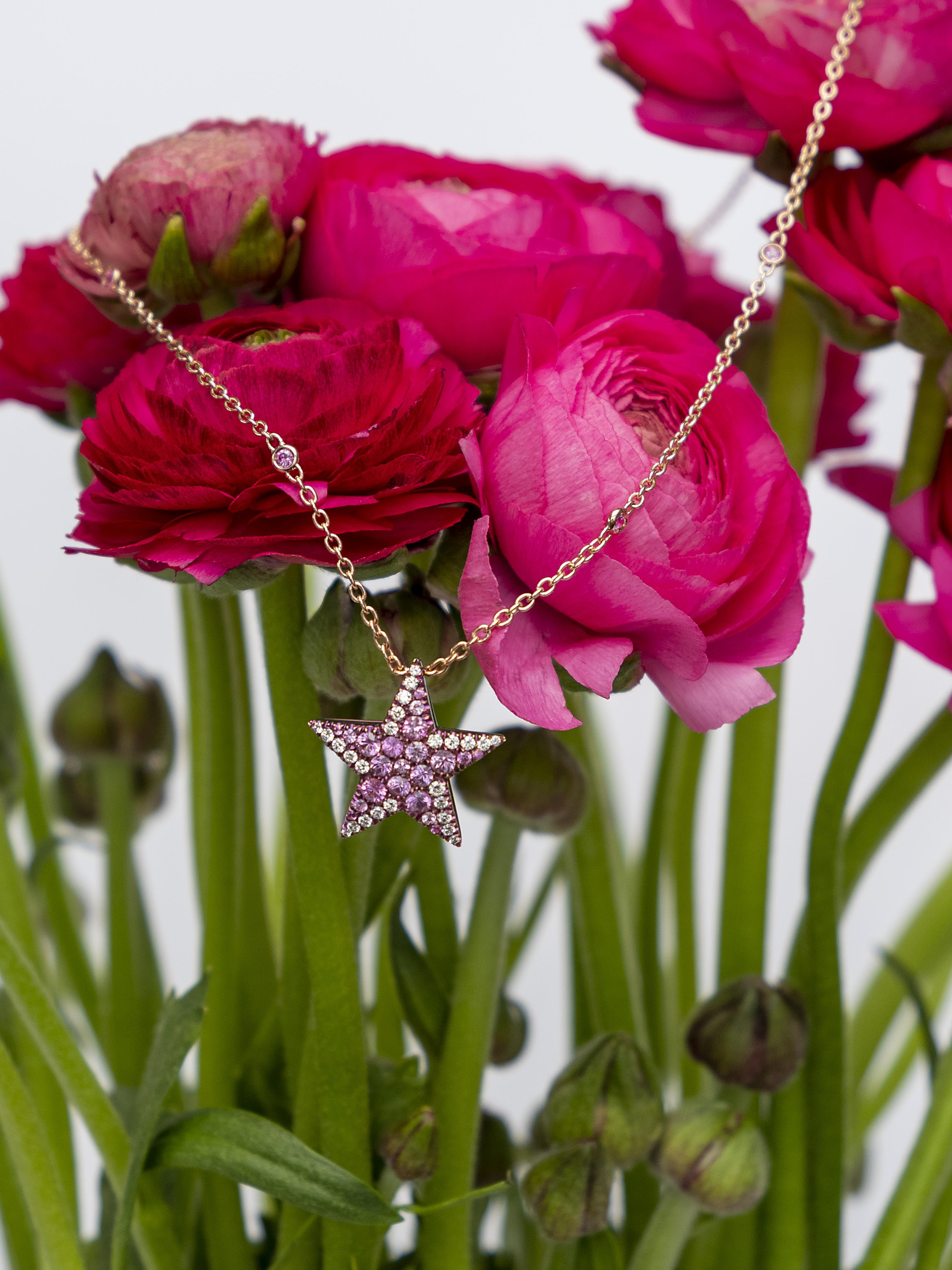 Women's or Men's Diamonds Pink Sapphires 18 Kt Rose Gold Titanium Star Necklace
