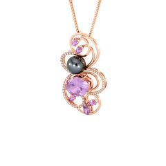 Diamonds Pink Sapphires Amethysts Black Tahitian Pearl 14K Rose Gold Pendant