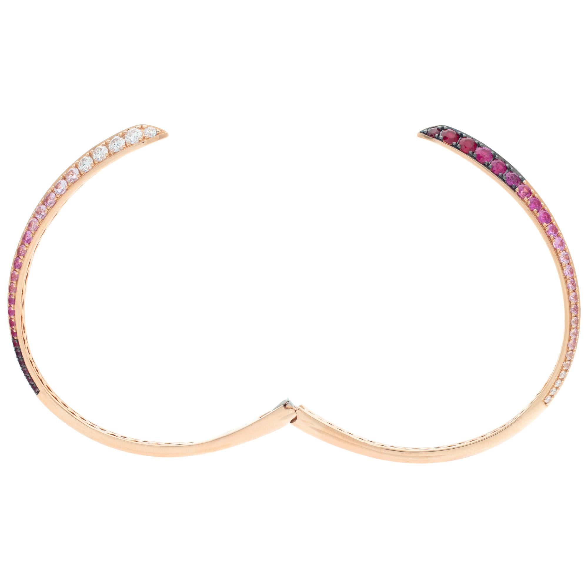 Beautiful 18k rose gold bangle with 0.8 carat in G-H Color, VS Clarity round cut diamonds and 3.74 carats in round cut light and dark pink sapphires. For wrist up to 7''