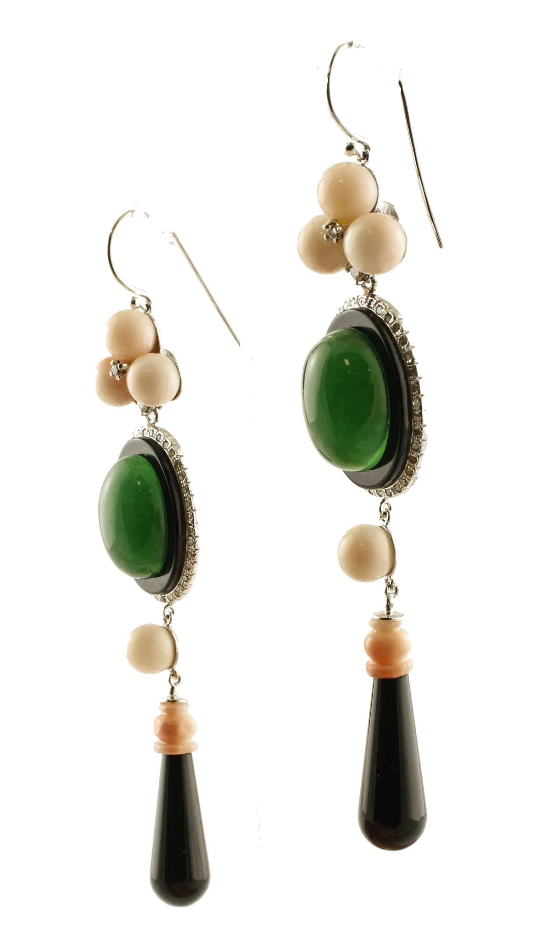 Diamonds, Pink Coral, Green Agate, Onyx, 14K White Gold Dangle Earrings (Retro)