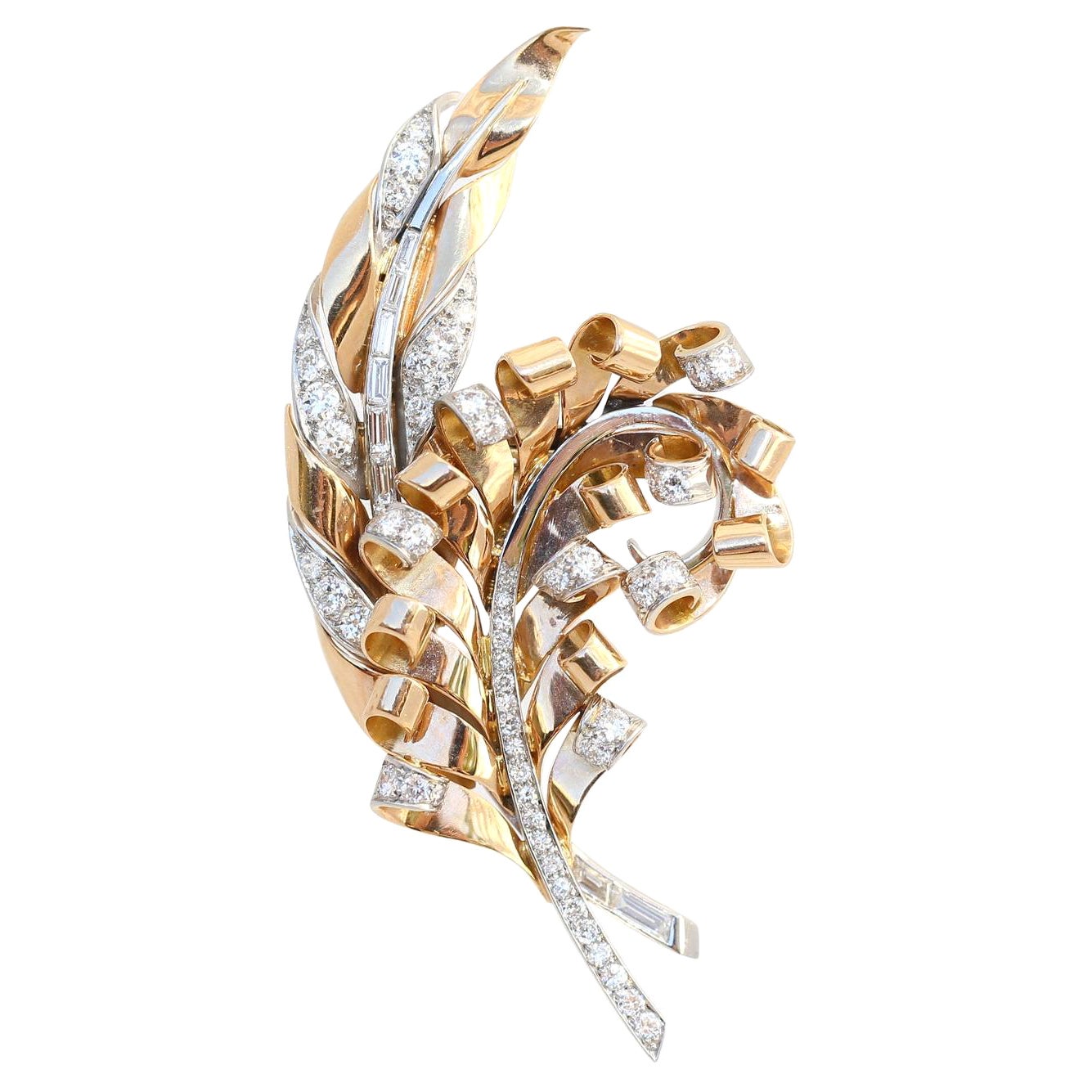 Swiss Brooch Diamonds Platinum Yellow Gold Gubelin, 1950. Beautiful and elegant piece, created in Zurich Switzerland by the famous jewelry house of Gubelin during the post-war period, in the 1950es. Depicting a two-tone wheat spica. An ancient