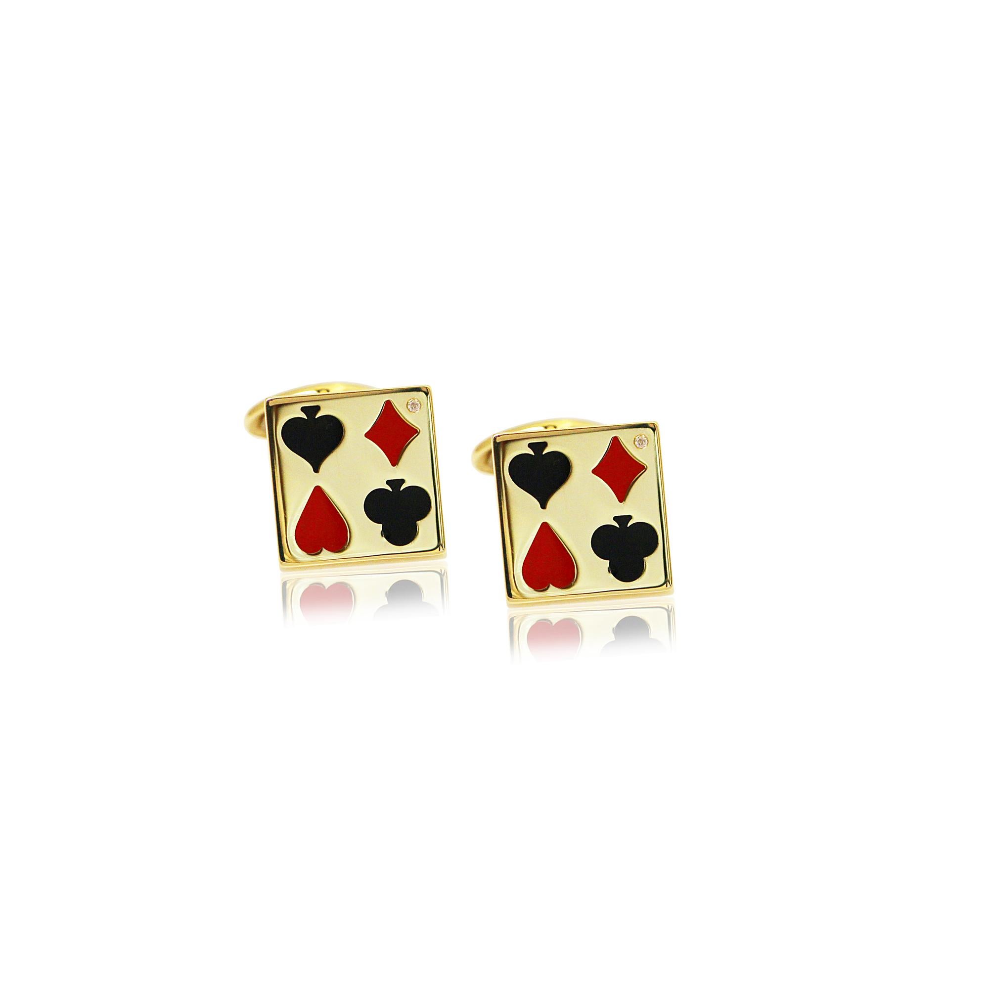 Taglio brillante Gemelli con carte da gioco Diamonds in ceramica nera rossa con smaltatura a colori in oro 14Kt in vendita