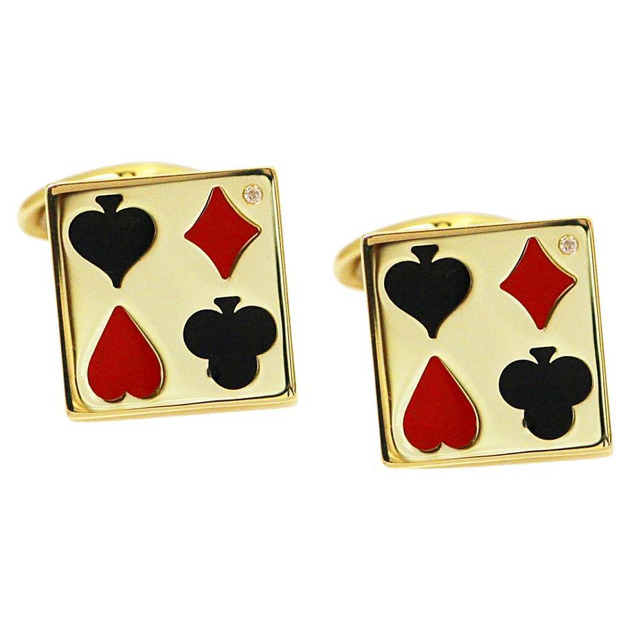 Diamonds Playing Card Cufflinks Black Red Ceramic Colors Enameling in 14Kt Gold For Sale