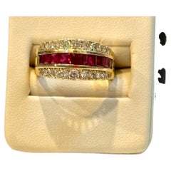 Diamonds & Princess Cut Invisible Set  Natural Rubies  Ring 14 Karat Yellow Gold