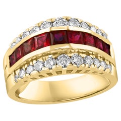 Diamonds & Princess Cut Invisible Set  Natural Rubies  Ring 14 Karat Yellow Gold