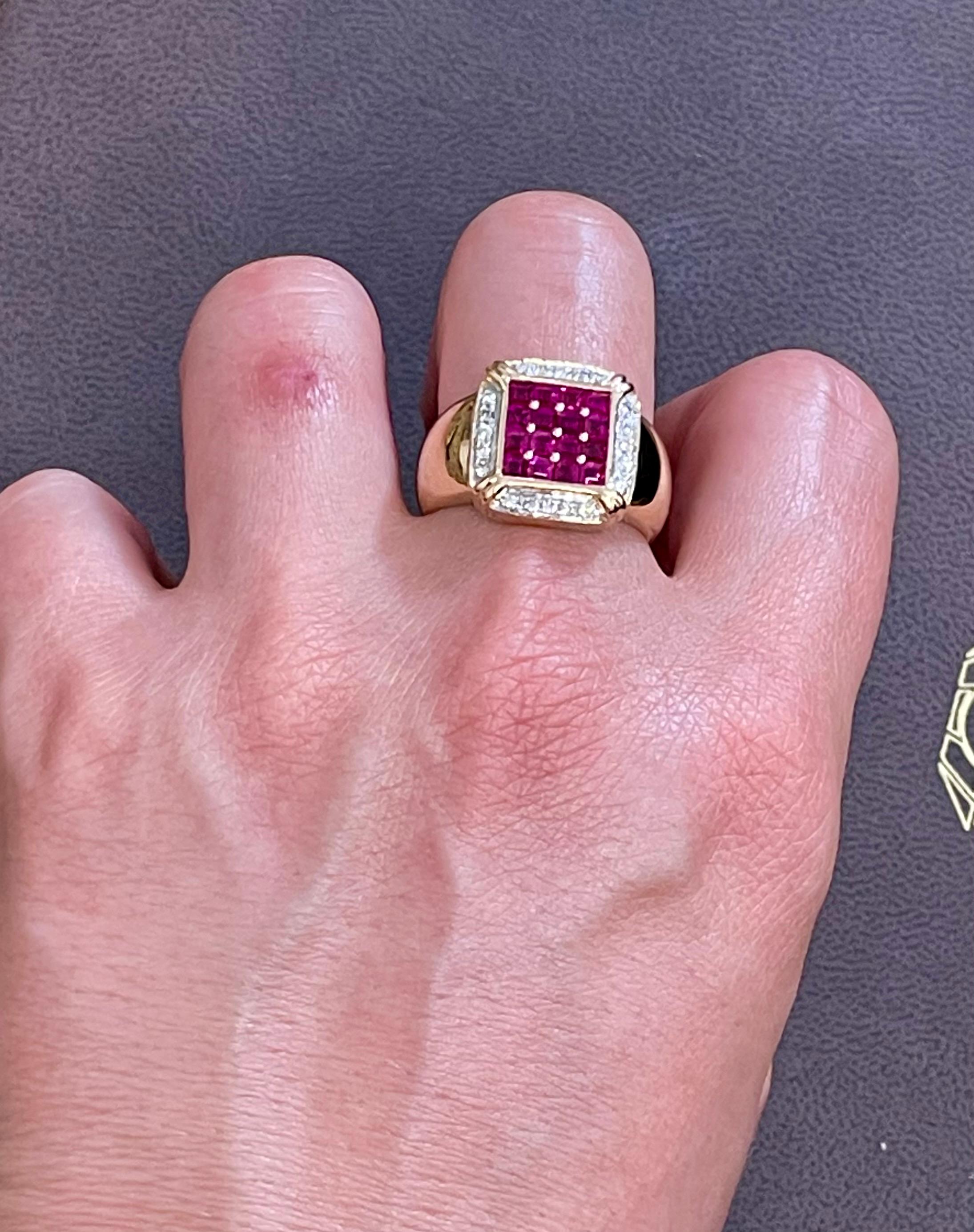 Diamonds & Princess Cut Invisible Set Rubies Men's Ring 14 Karat Yellow Gold 7
