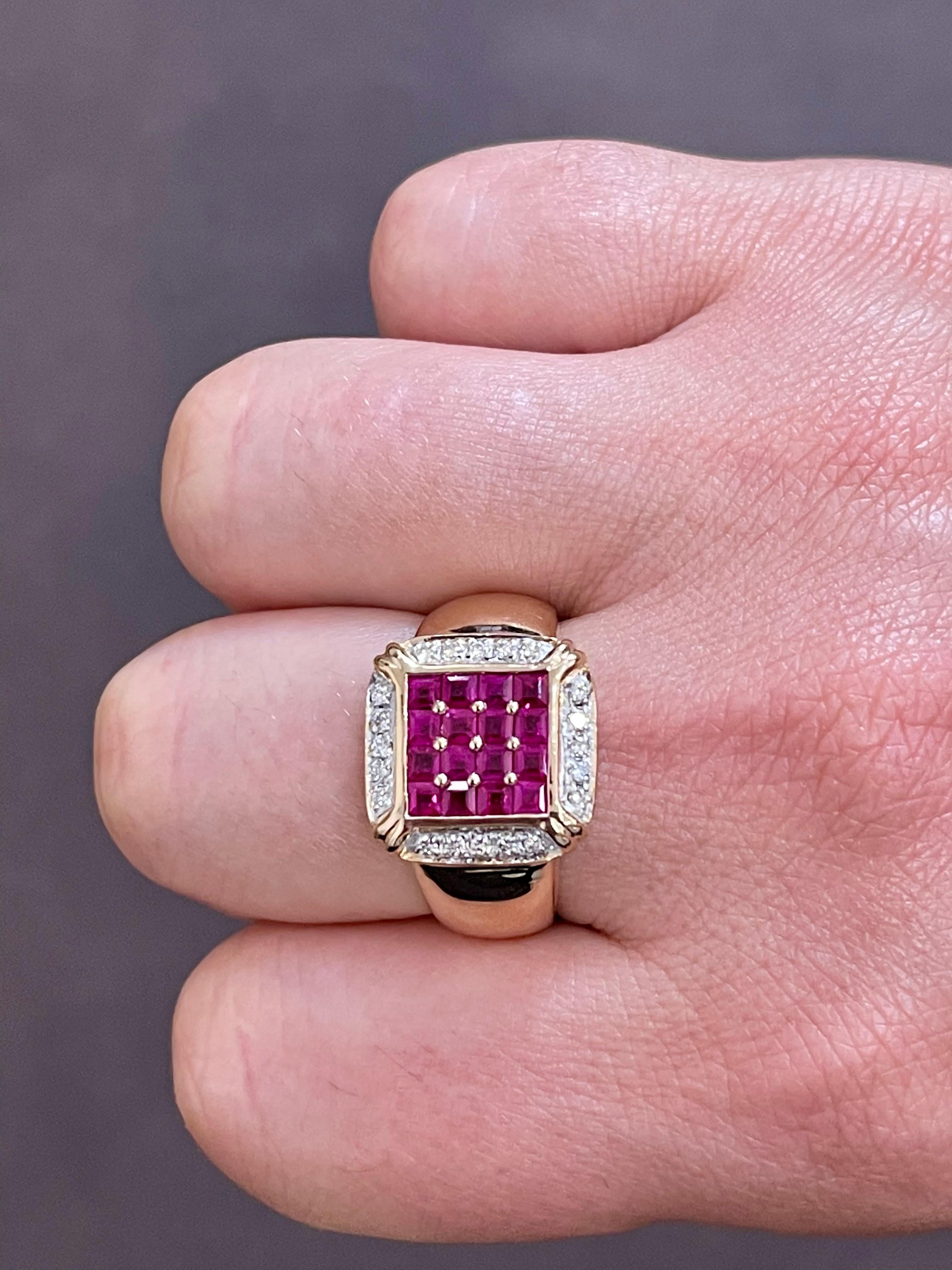 Diamonds & Princess Cut Invisible Set Rubies Men's Ring 14 Karat Yellow Gold 8