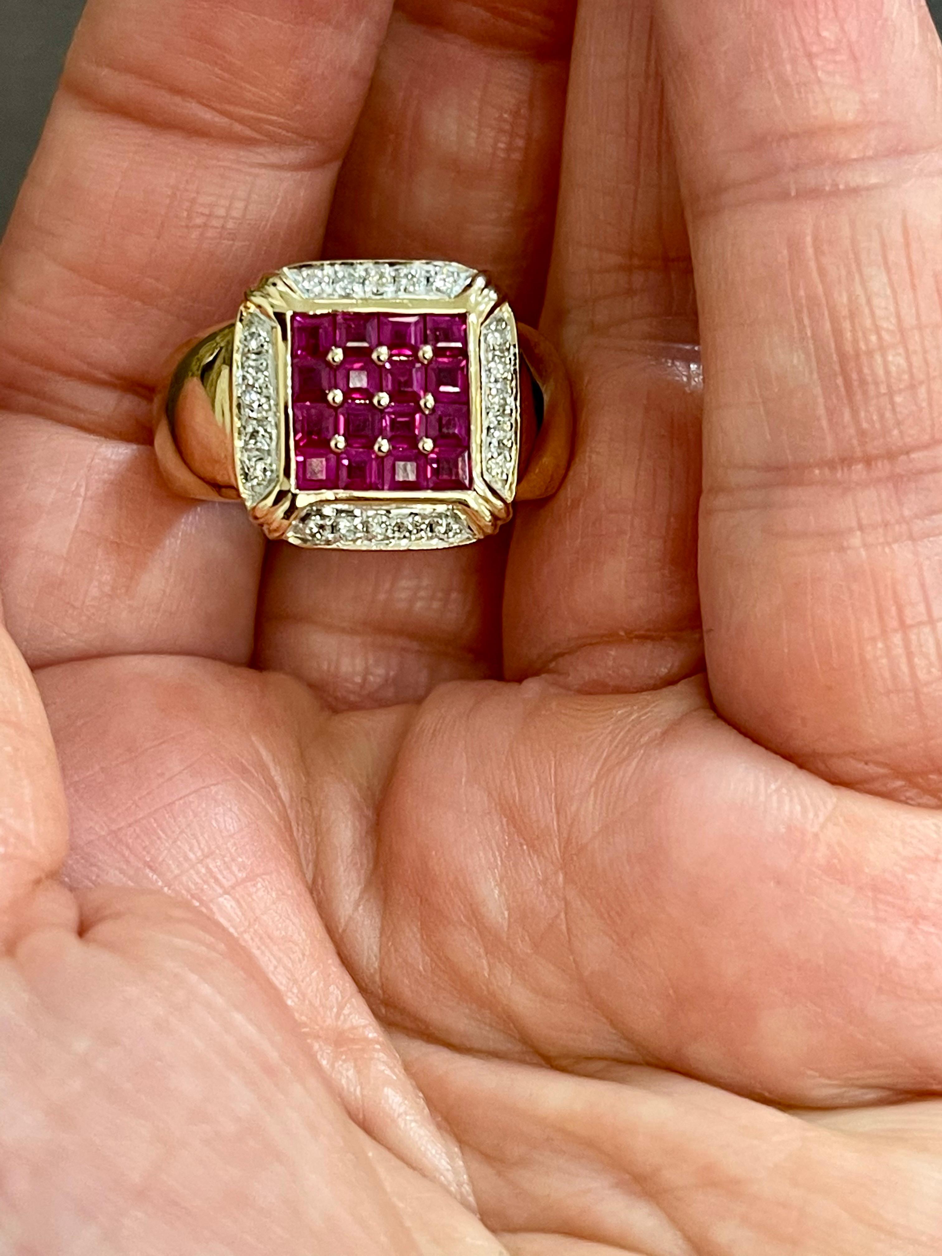 Diamonds & Princess Cut Invisible Set Rubies Men's Ring 14 Karat Yellow Gold 9