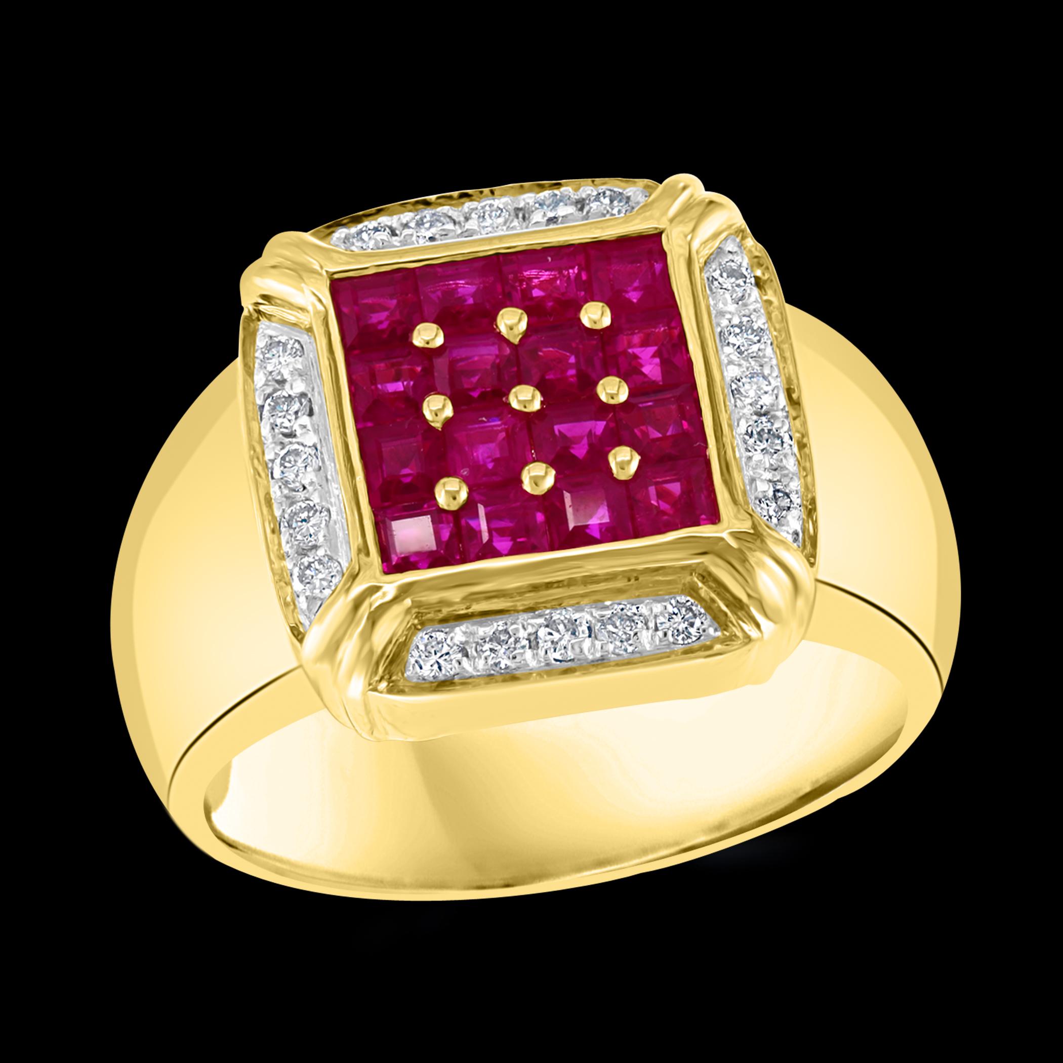 Invisible or Mystery set  Princess cut  Natural  Ruby  And  Diamond  ring in 14 K  Yellow  Gold  . 
perfect Ring for men  made in  14 carat Yellow   gold . 
Simple and elegant 
14 K gold 12.8 Grams
14 K gold stamped
 Diamonds: approximate 1 carat ,