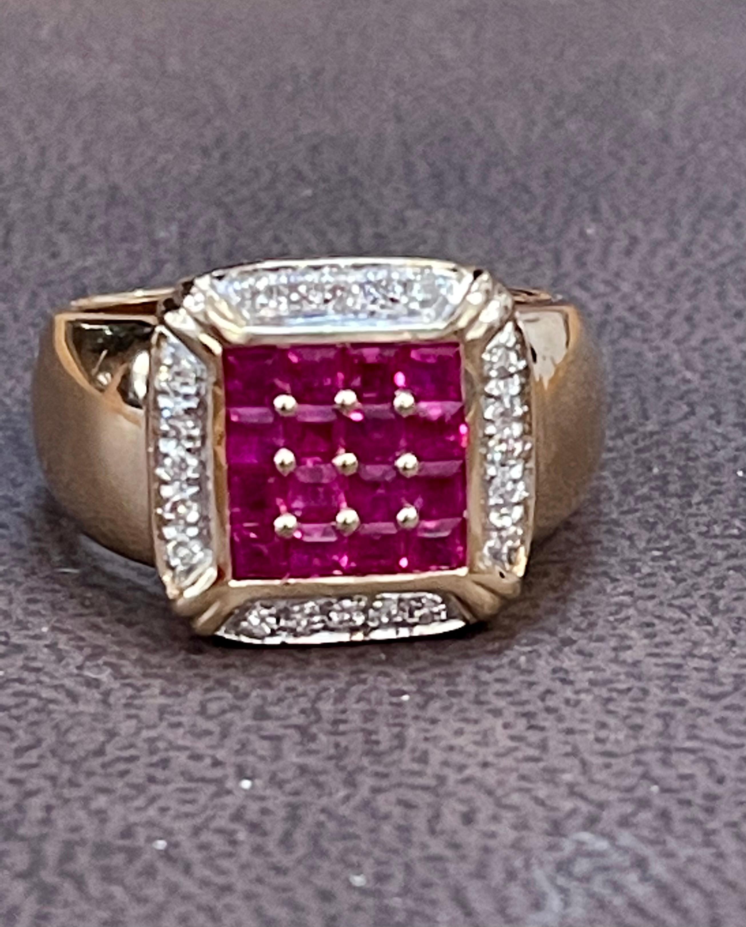 Diamonds & Princess Cut Invisible Set Rubies Men's Ring 14 Karat Yellow Gold In Excellent Condition In New York, NY