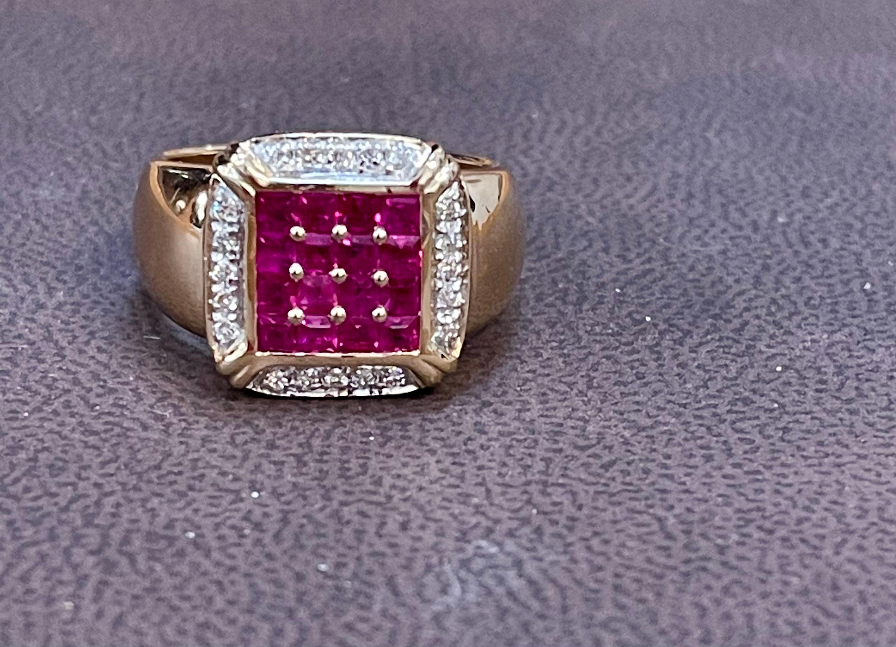 Diamonds & Princess Cut Invisible Set Rubies Men's Ring 14 Karat Yellow Gold 2