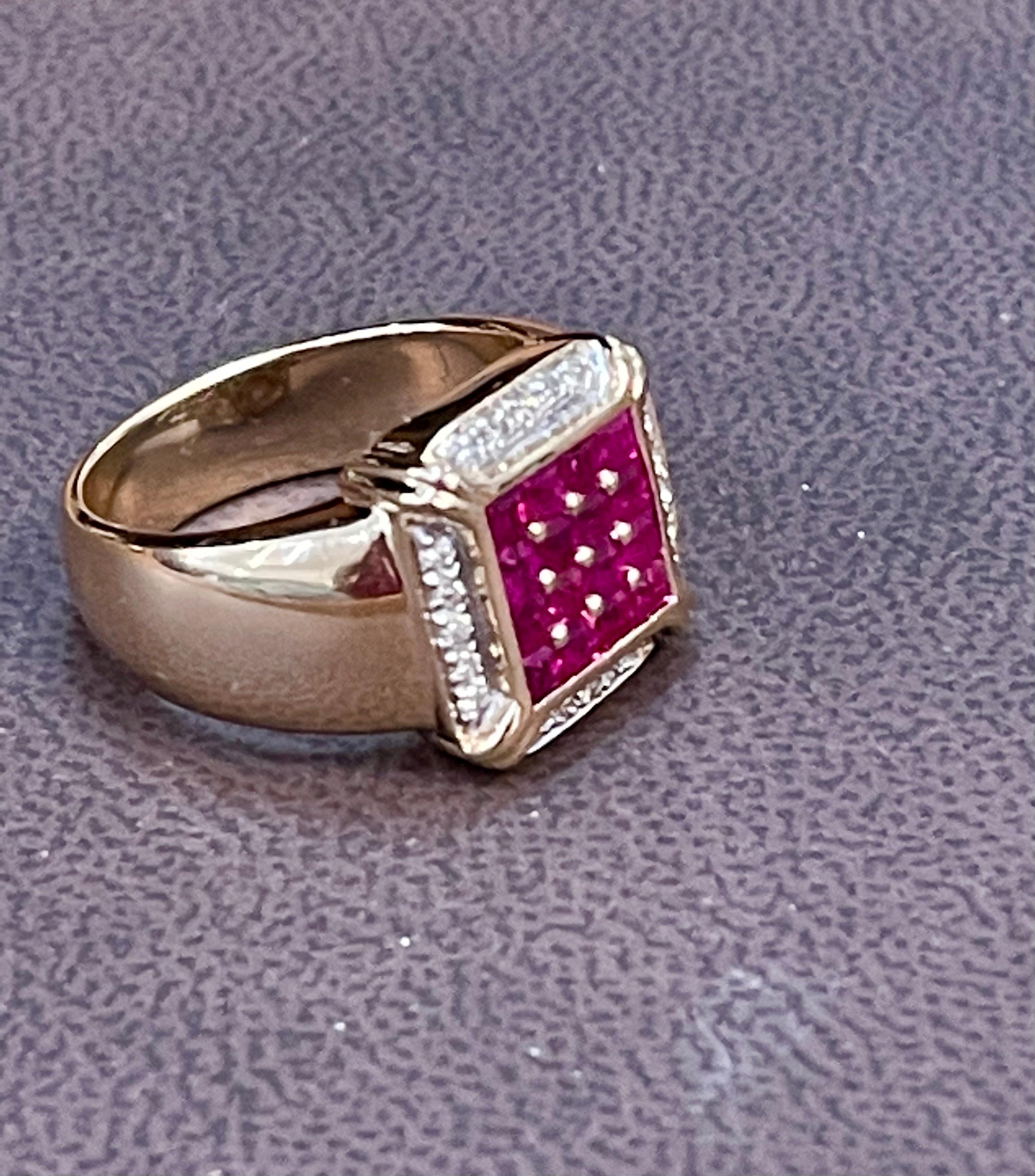 Diamonds & Princess Cut Invisible Set Rubies Men's Ring 14 Karat Yellow Gold 3