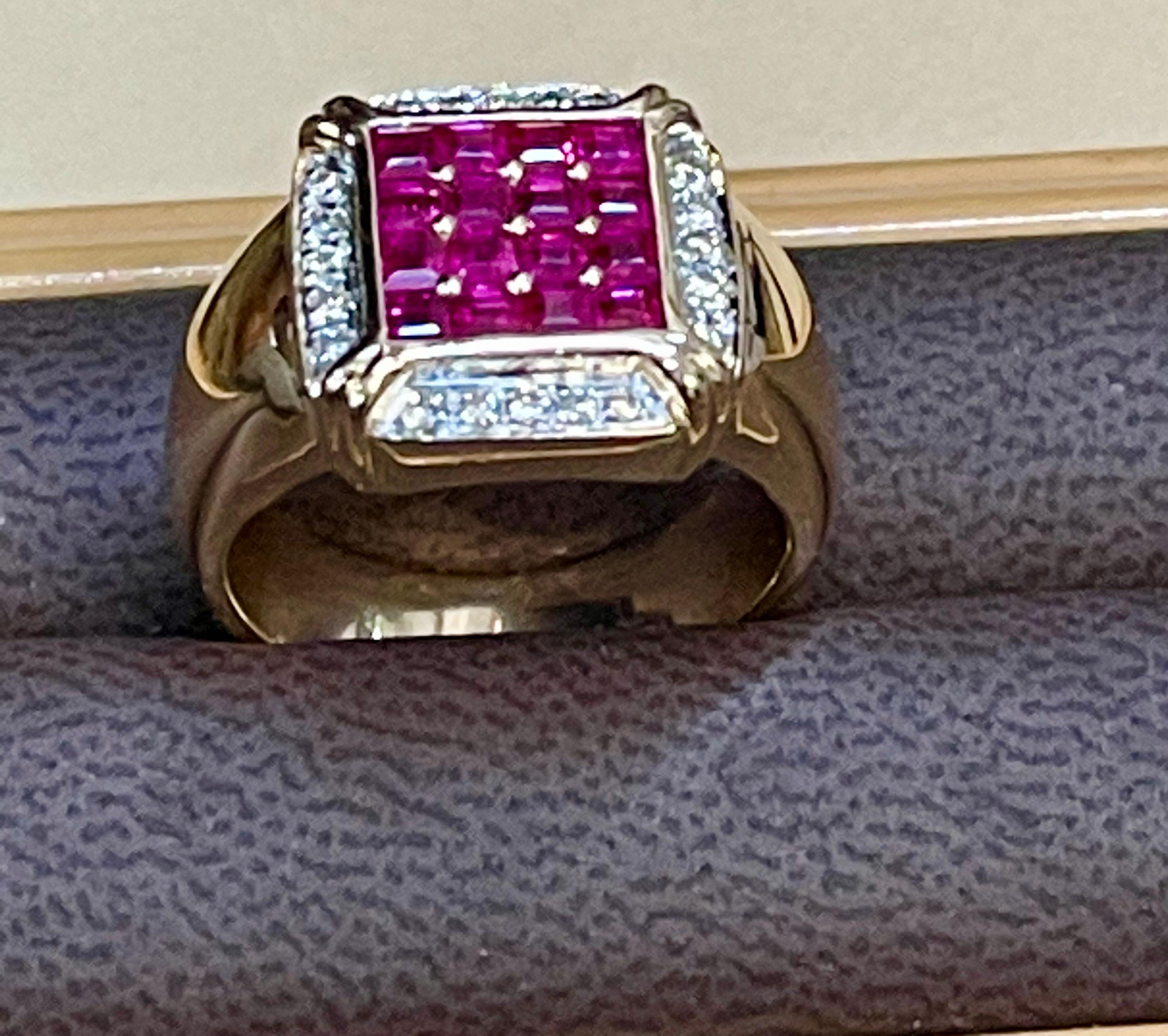 Diamonds & Princess Cut Invisible Set Rubies Men's Ring 14 Karat Yellow Gold 4