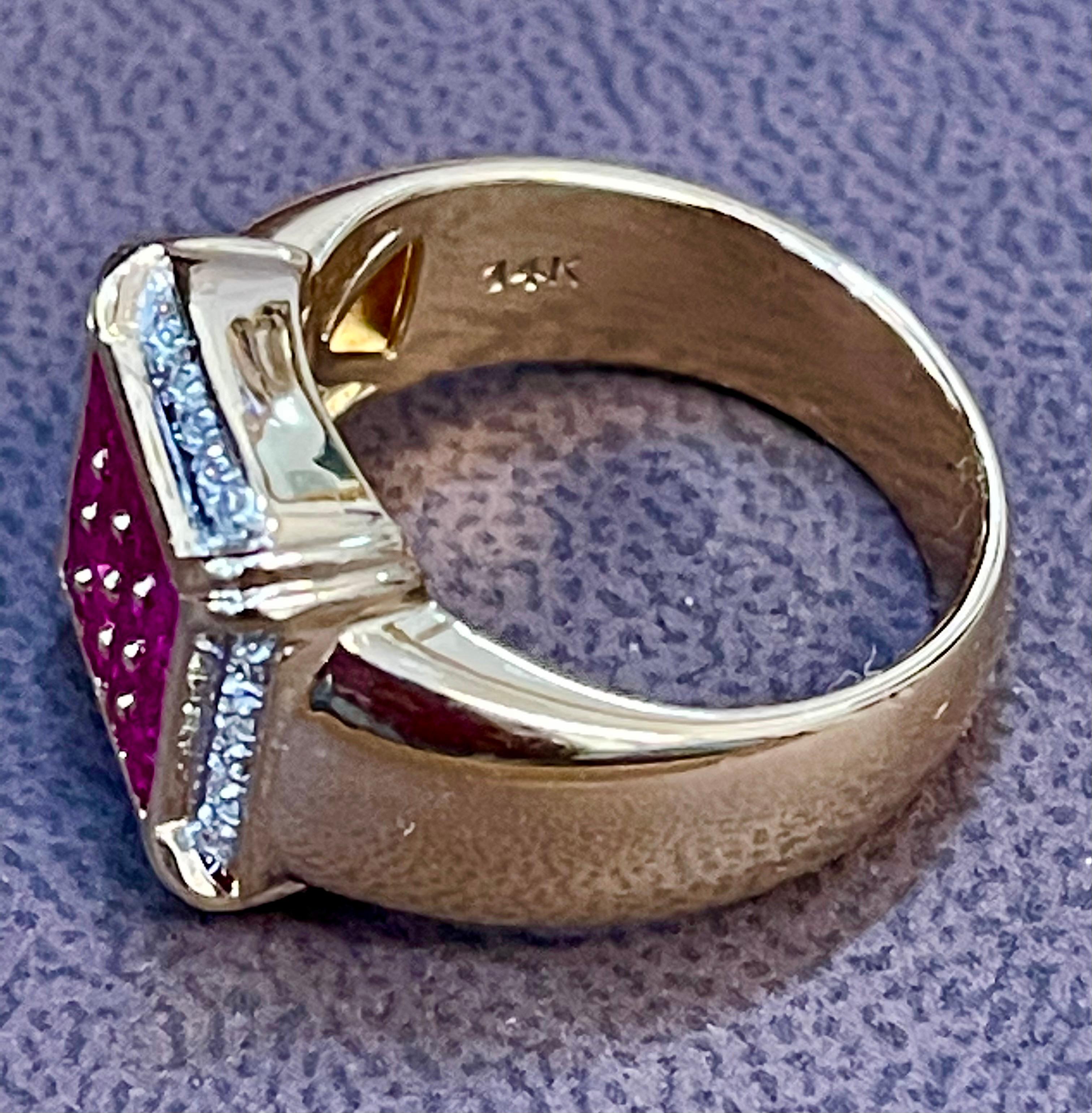 Diamonds & Princess Cut Invisible Set Rubies Men's Ring 14 Karat Yellow Gold 6