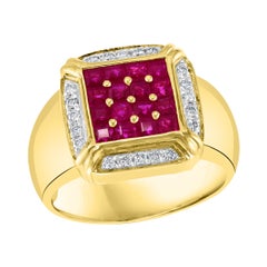 Diamonds & Princess Cut Invisible Set Rubies Men's Ring 14 Karat Yellow Gold